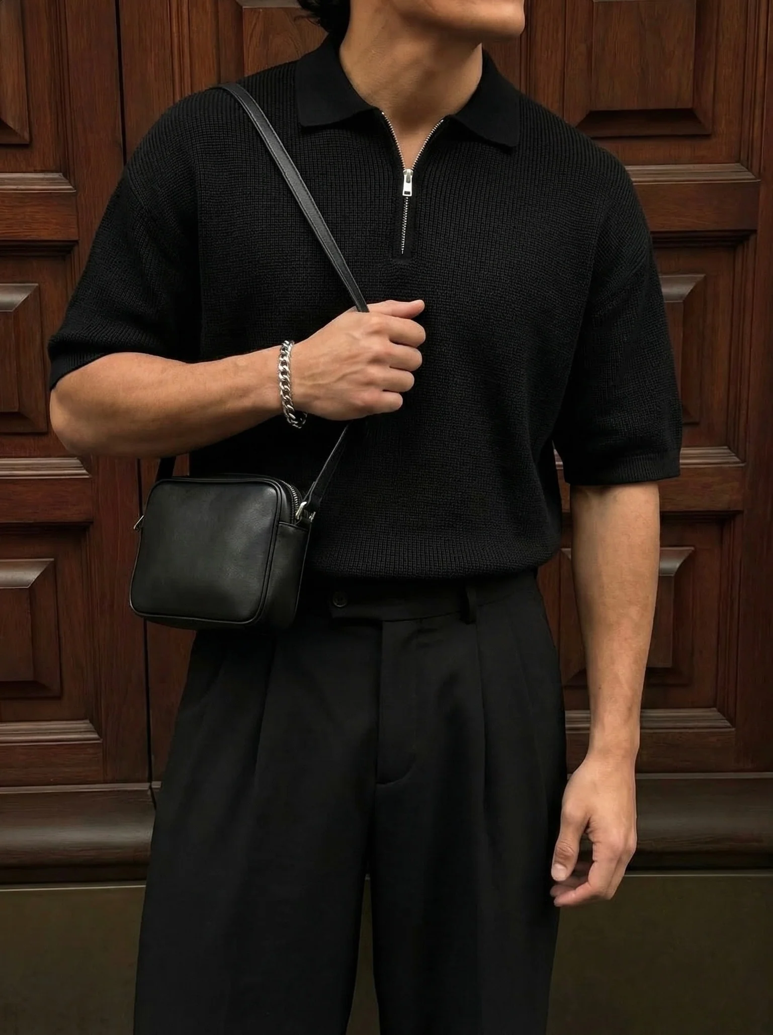 Oversize Zipper Knit Polo T-shirt - Black - Image 5