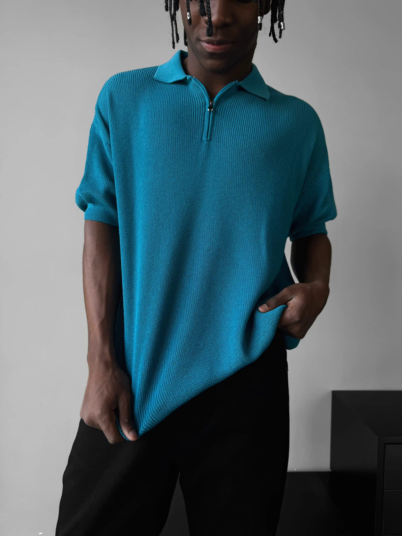 Oversize Zipper Knit Polo T-shirt - Blue - Image 5