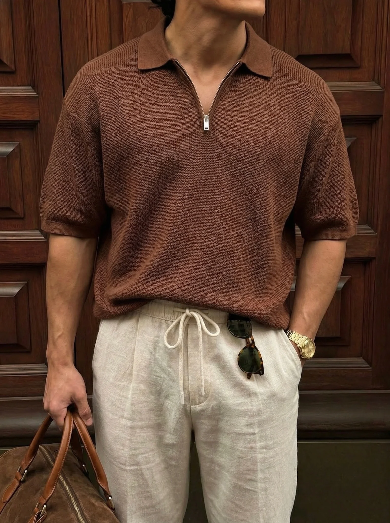 Oversize Zipper Knit Polo T-shirt - Dark Brown - Image 2
