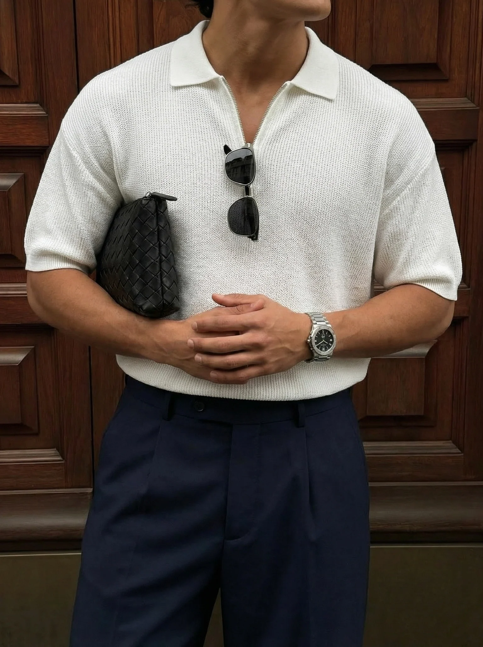 Oversize Zipper Knit Polo T-shirt - Ecru - Image 2