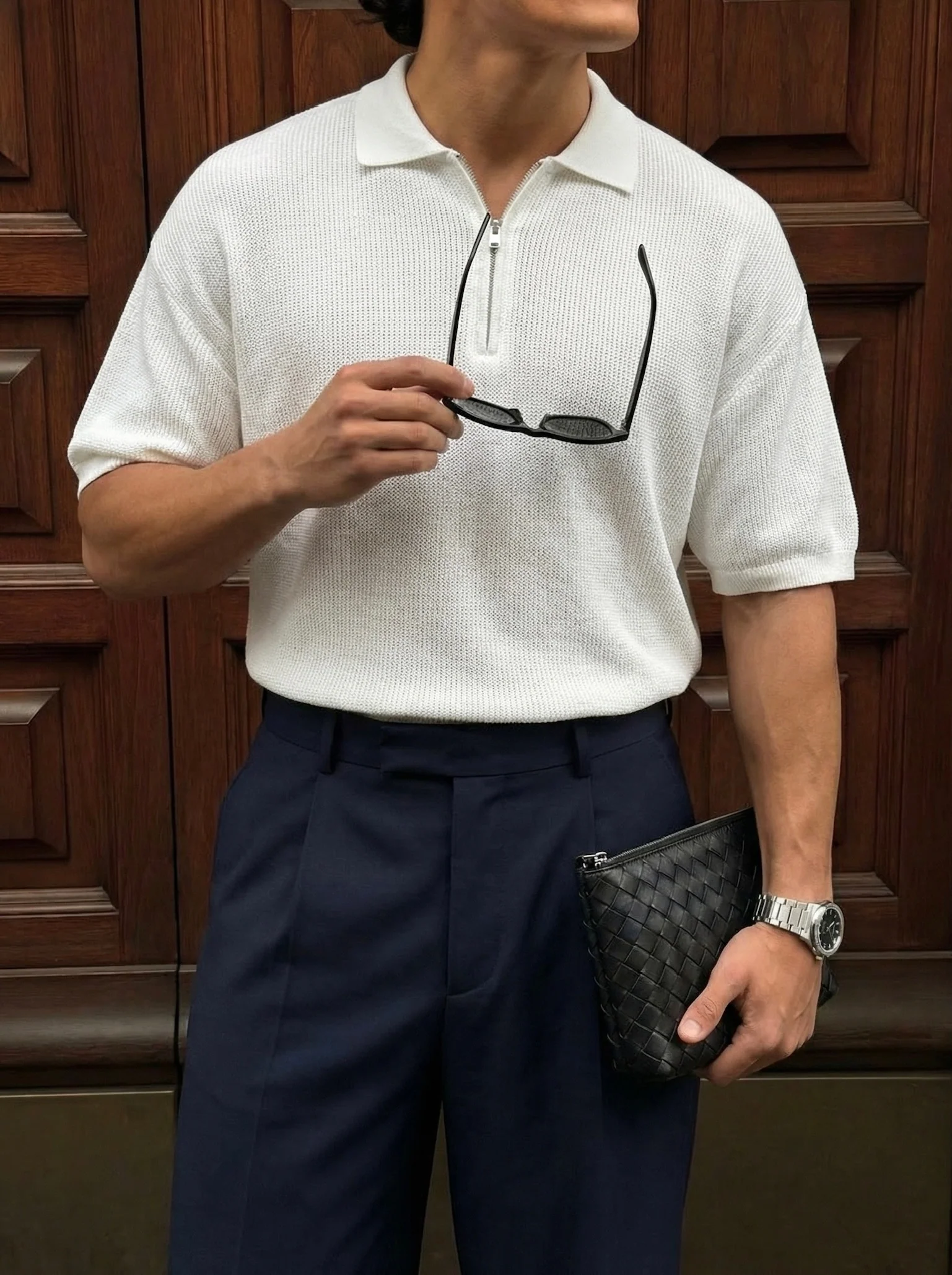 Oversize Zipper Knit Polo T-shirt - Ecru - Image 3