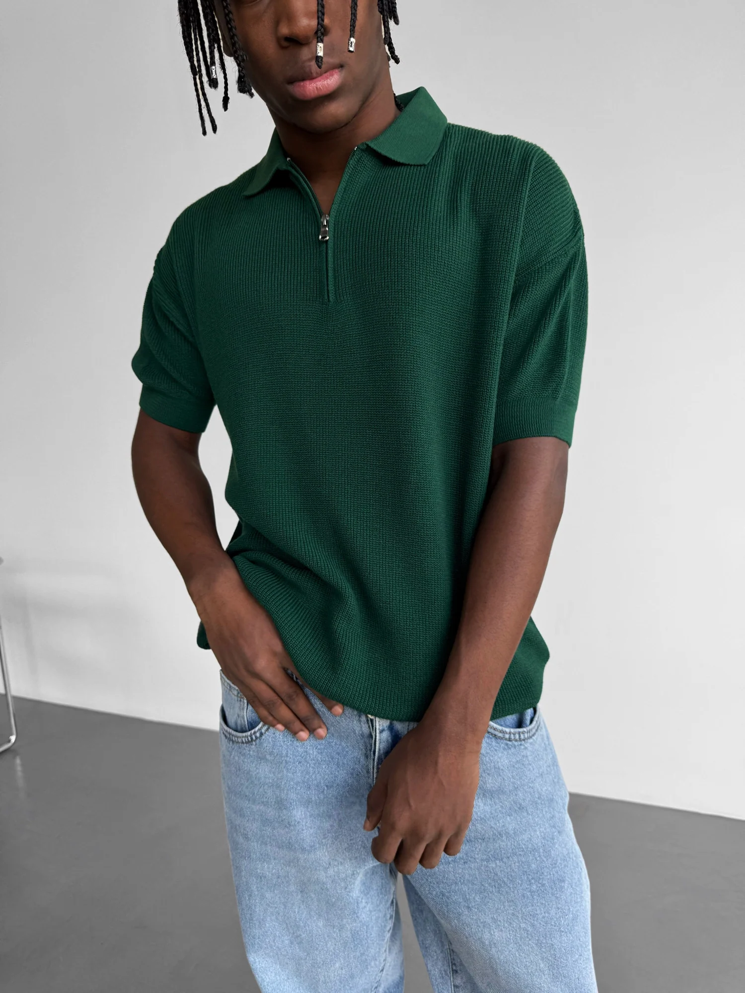 Oversize Zipper Knit Polo T-shirt - Emerald - Image 2