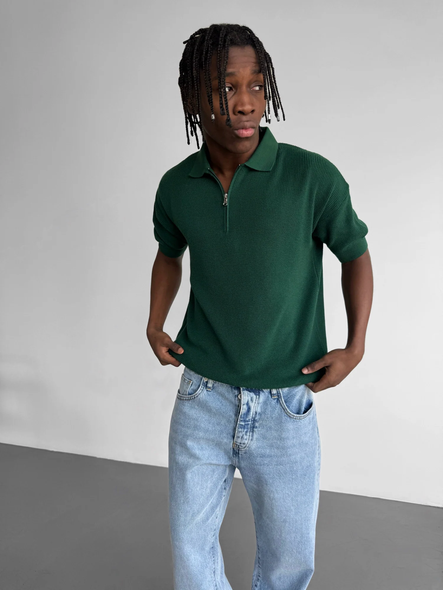 Oversize Zipper Knit Polo T-shirt - Emerald - Image 4