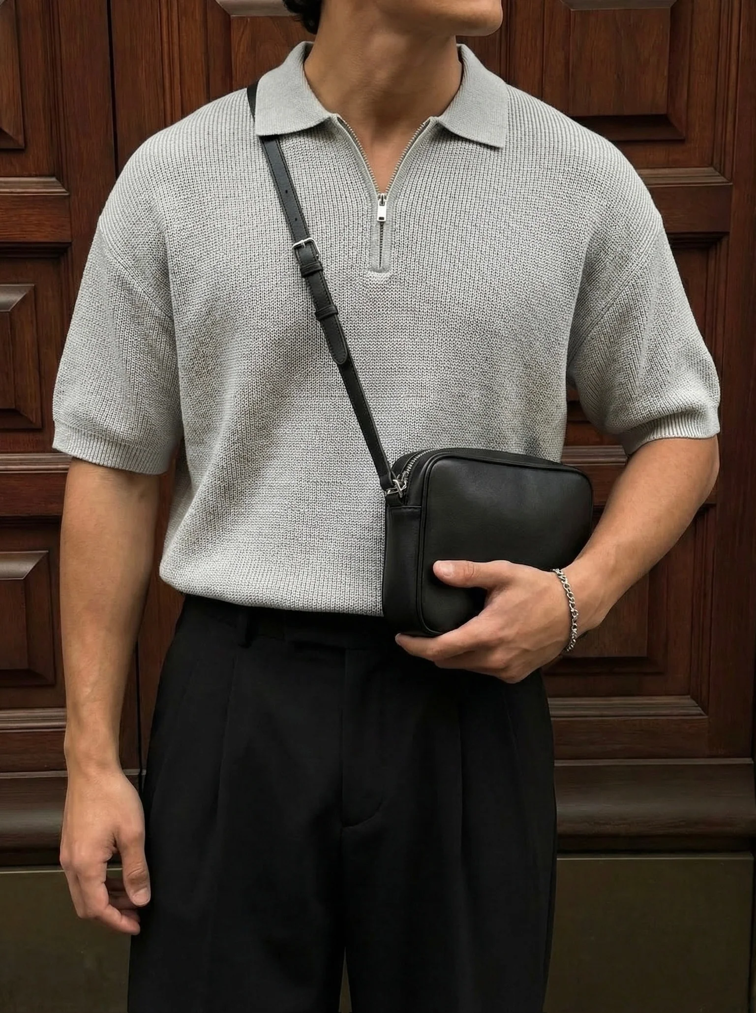Oversize Zipper Knit Polo T-shirt - Grey - Image 2