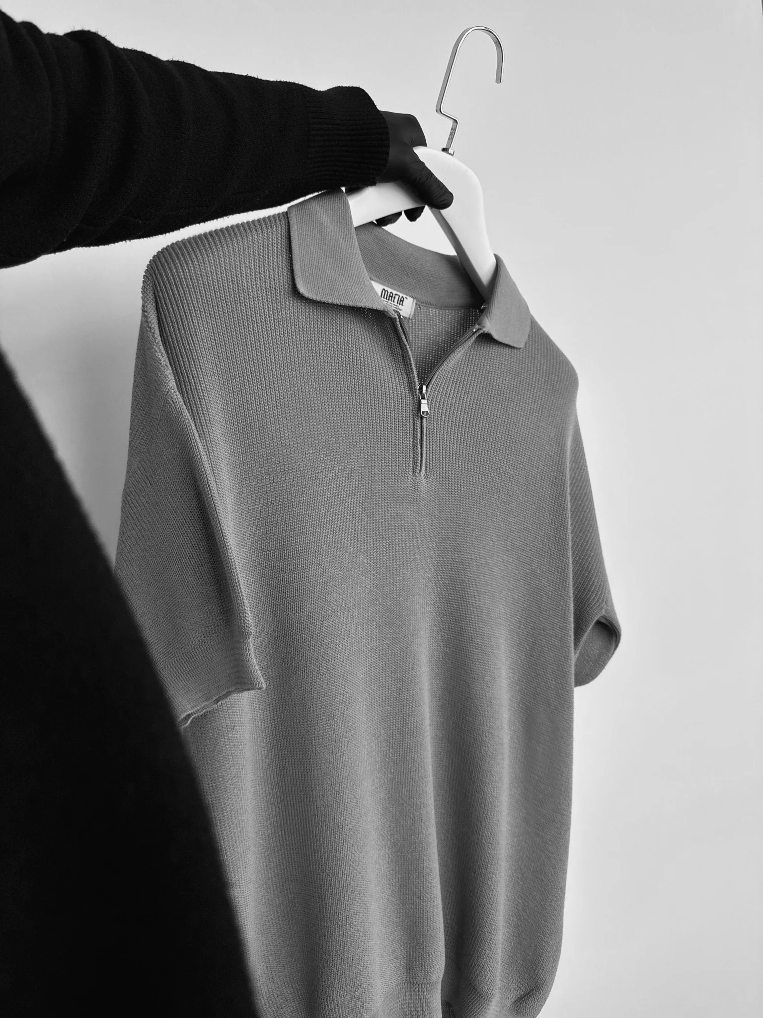 Oversize Zipper Knit Polo T-shirt - Grey - Image 4