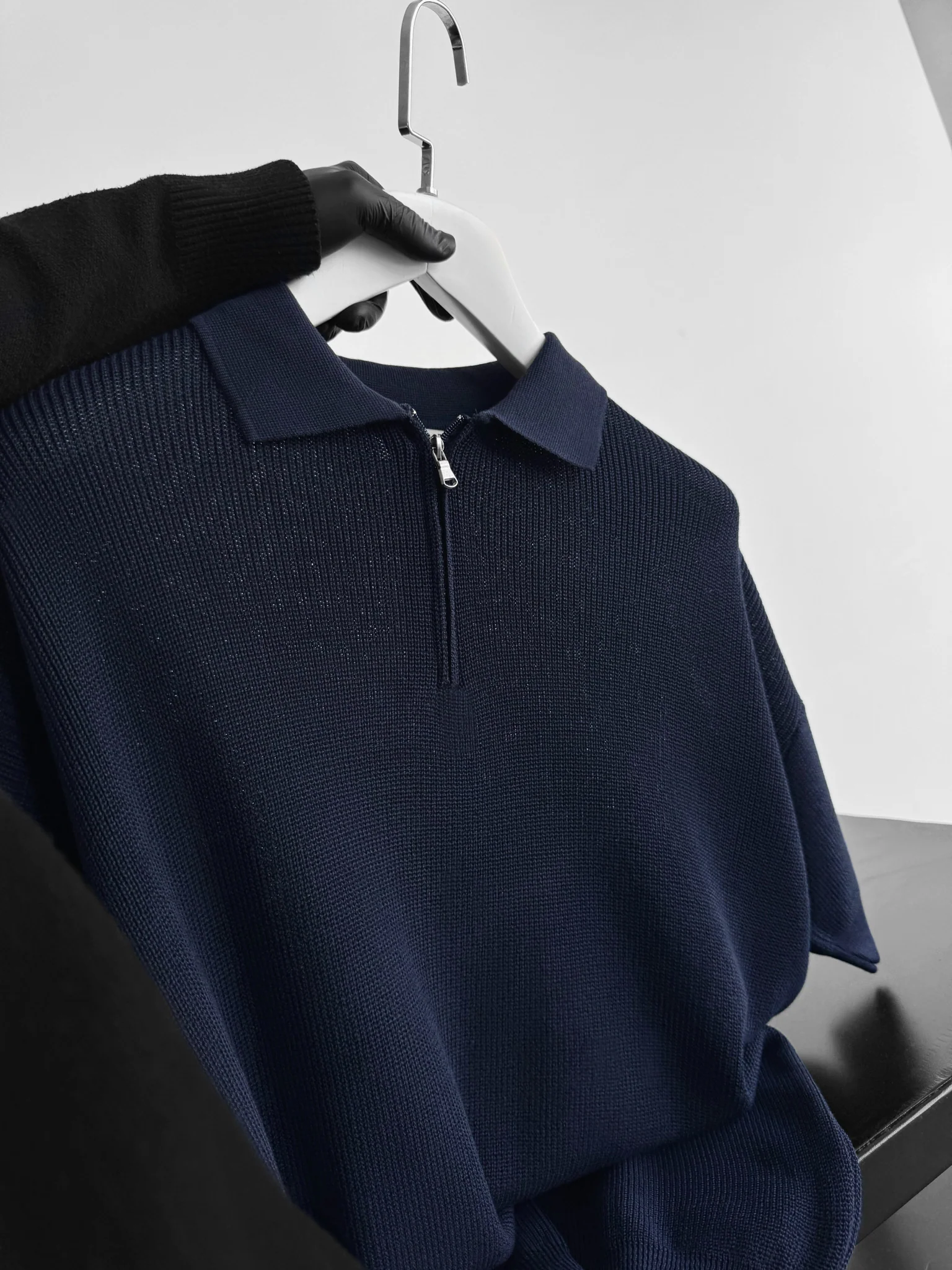 Oversize Zipper Knit Polo T-shirt - Navy Blue - Image 2