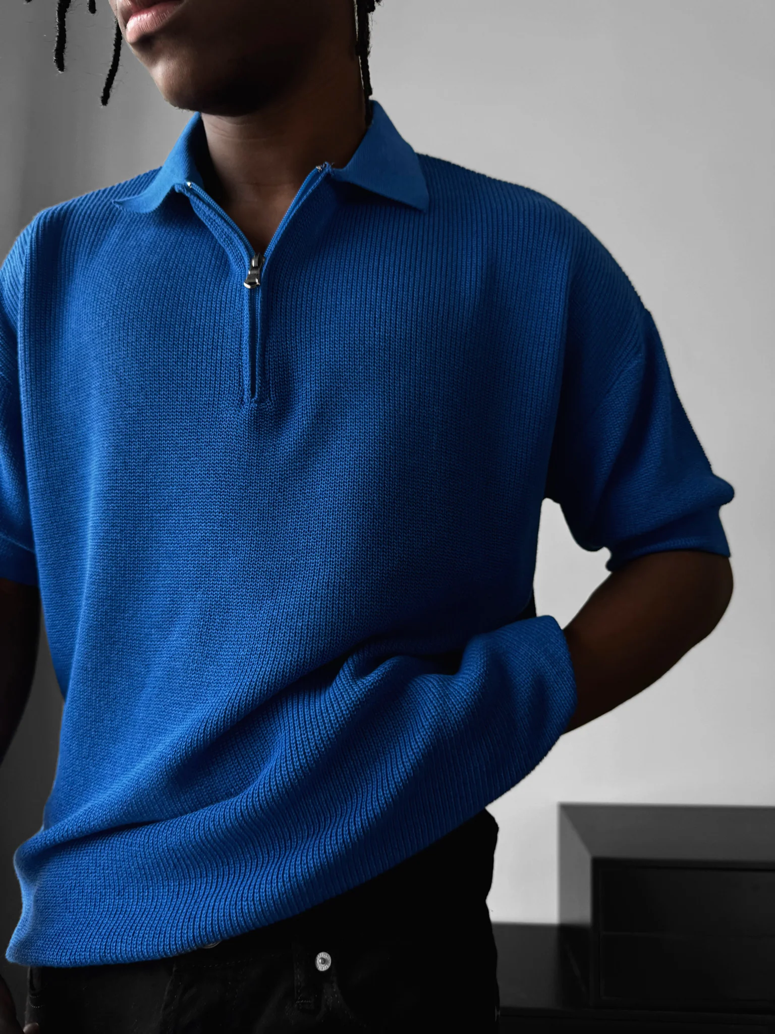 Oversize Zipper Knit Polo T-shirt - Saks - Image 4