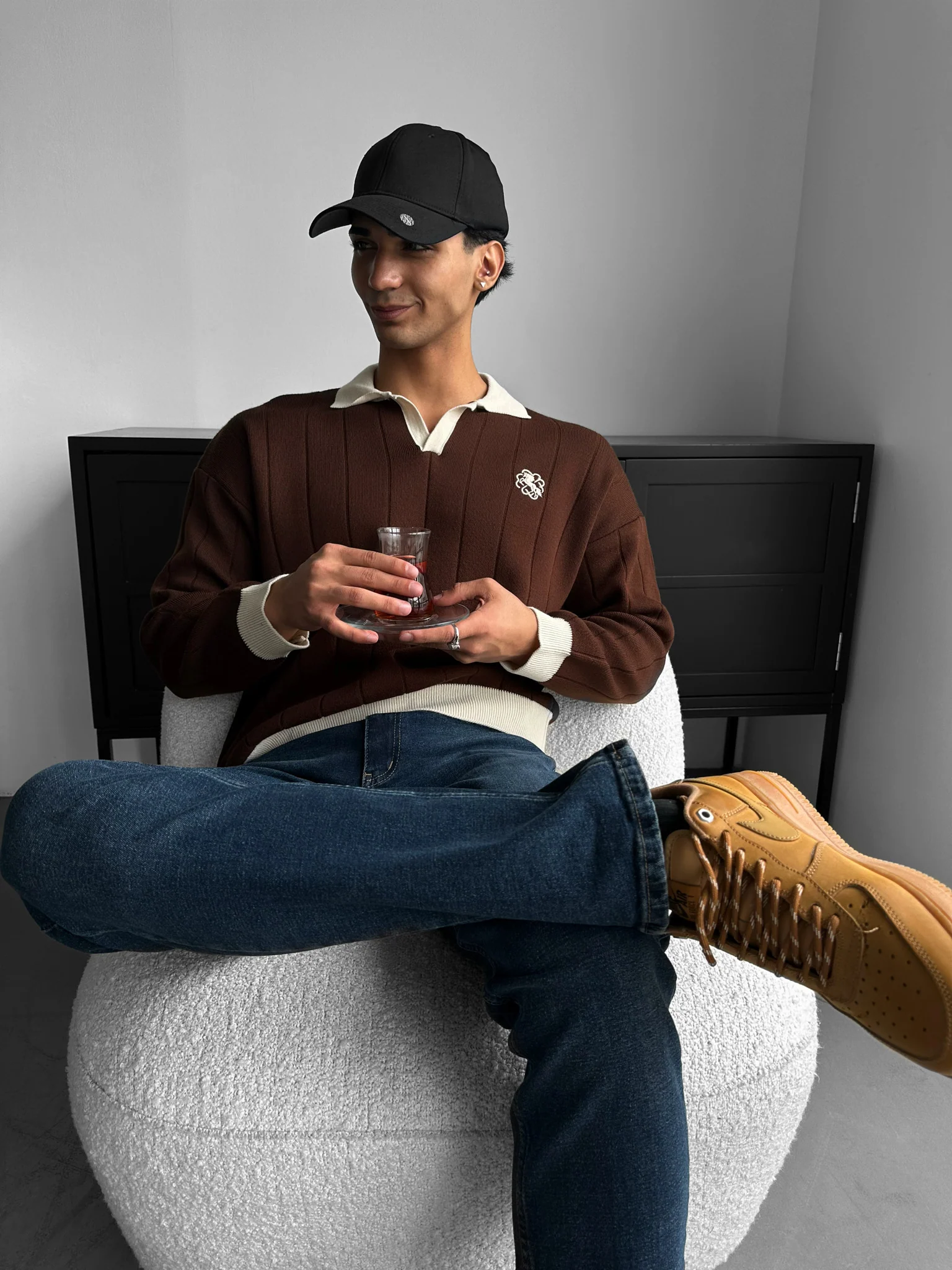 Oversized Embroidered Polo Sweater - Brown - Image 2
