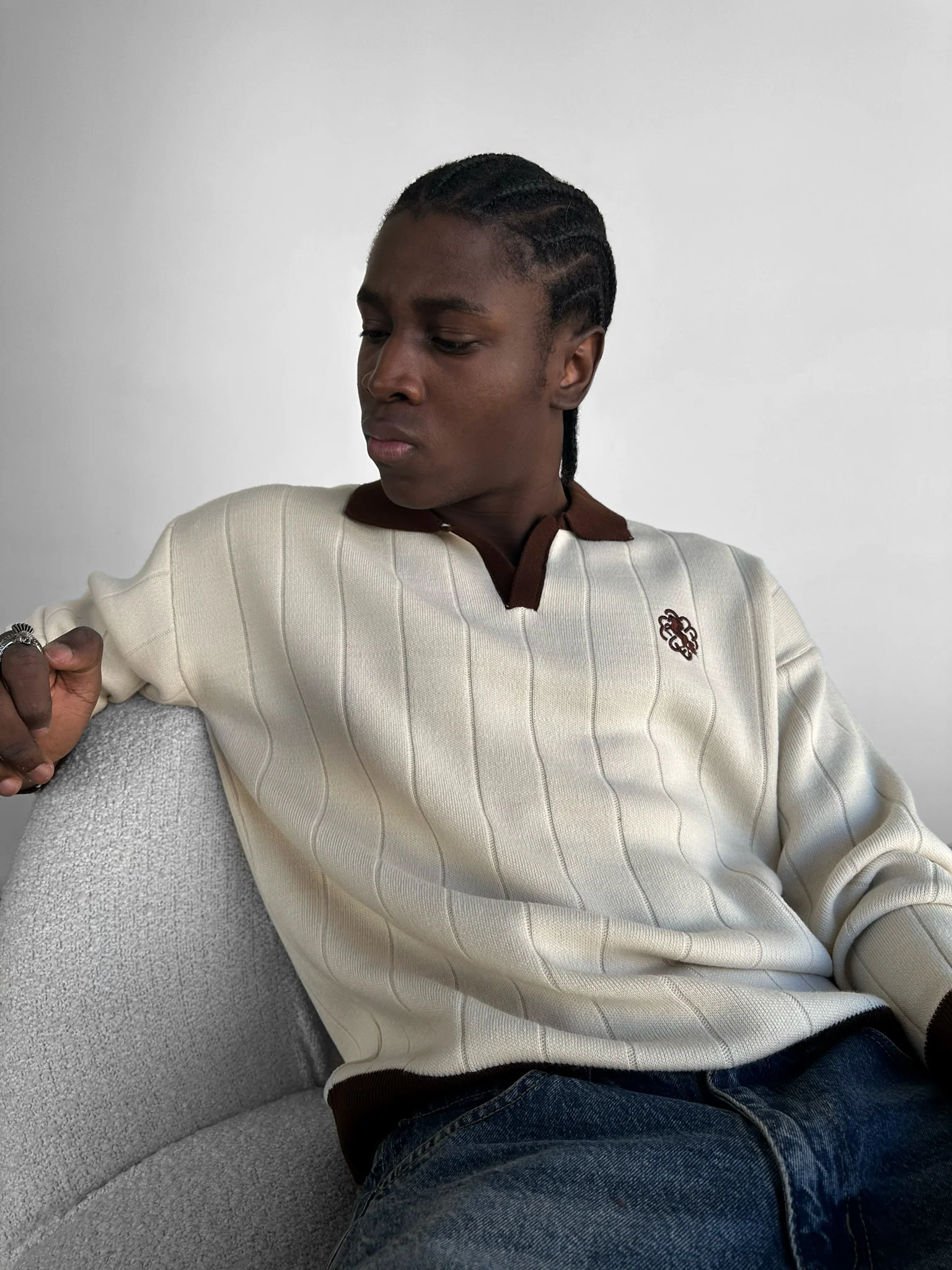 Oversized Embroidered Polo Sweater - Cremé - Image 2