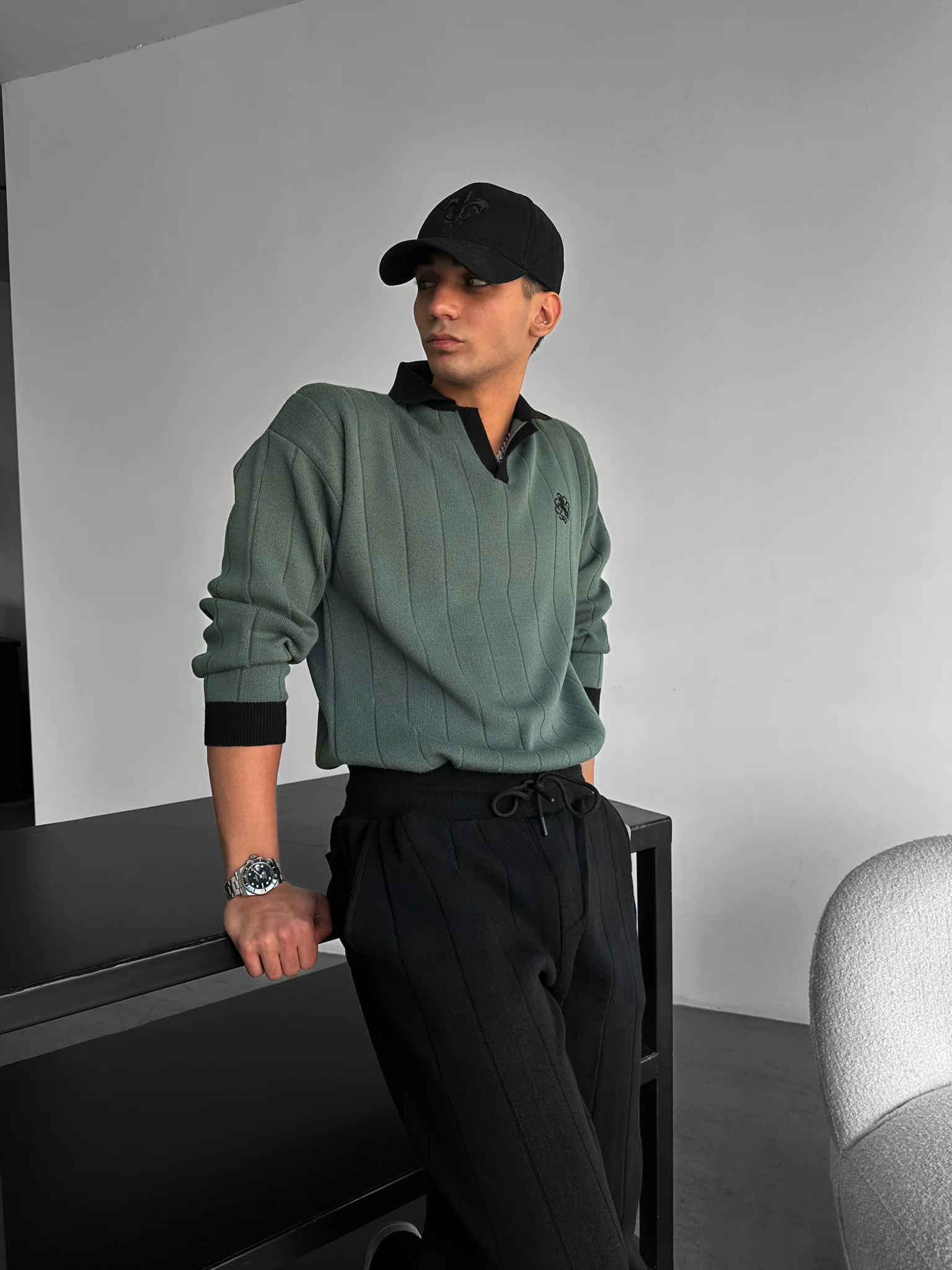 Oversized Embroidered Polo Sweater - Petrol - Image 2