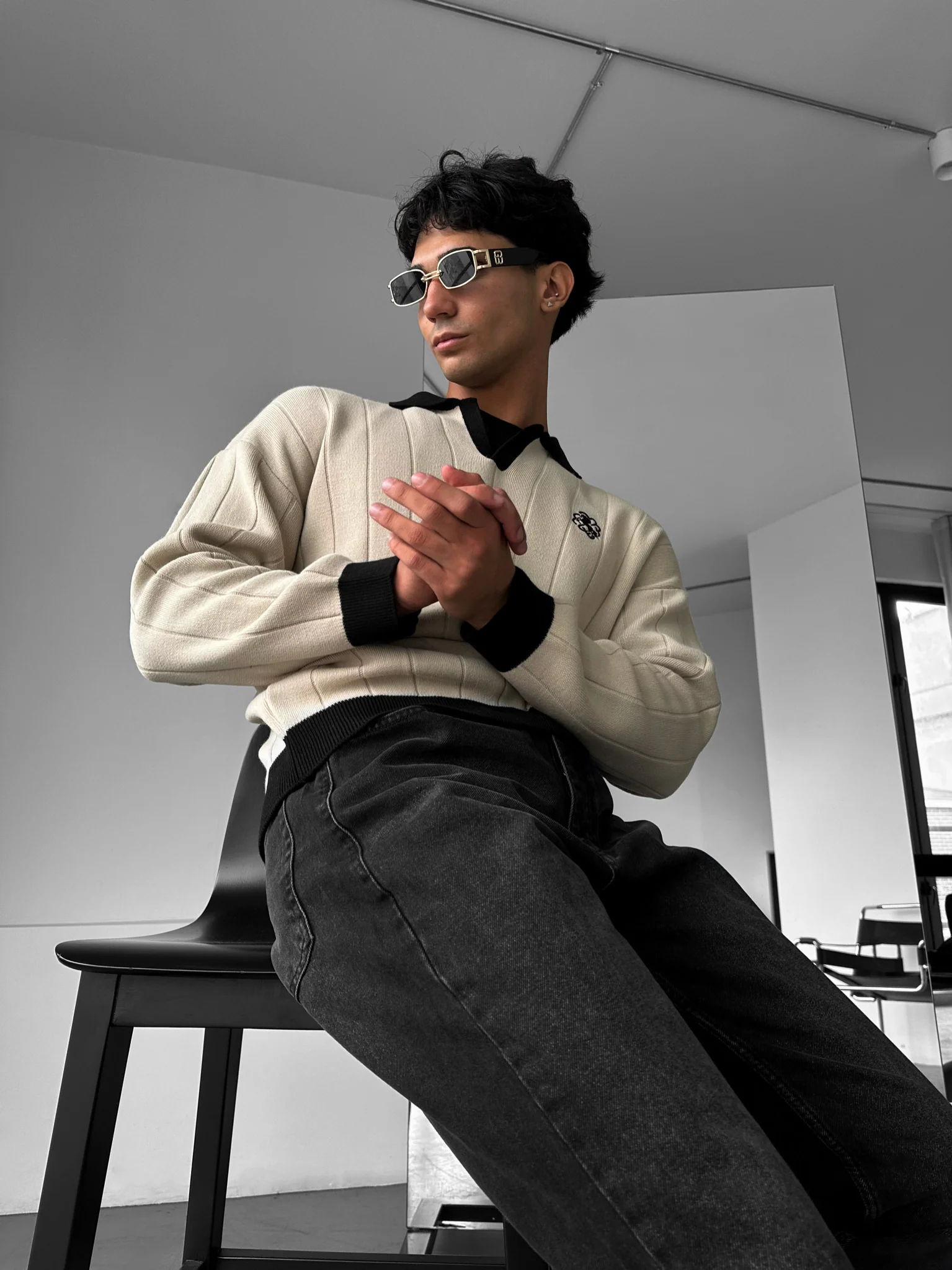 Oversized Embroidered Polo Sweater - Stone - Image 3