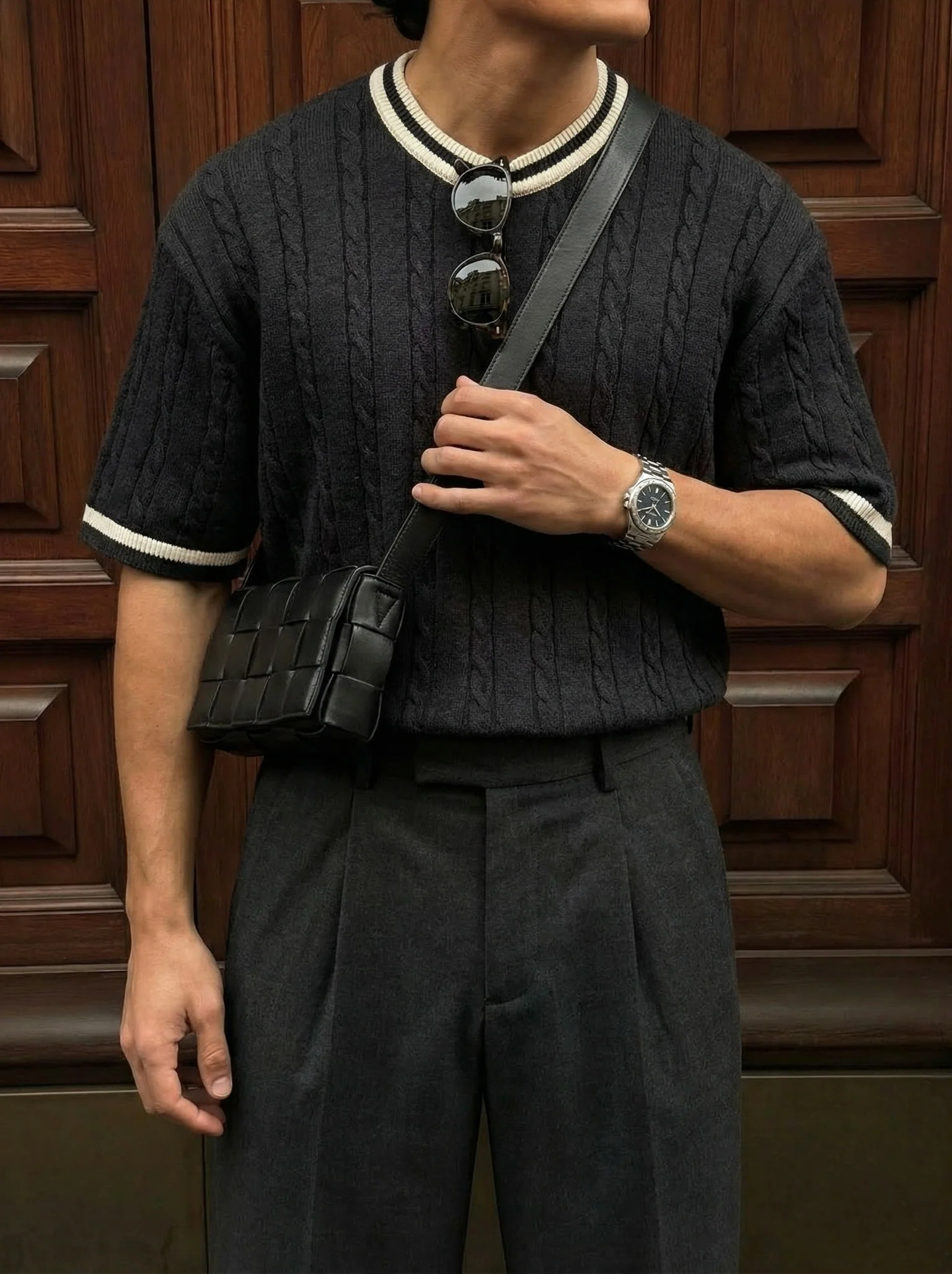 Regular Fit Braid Knit T-shirt - Anthracite - Image 3