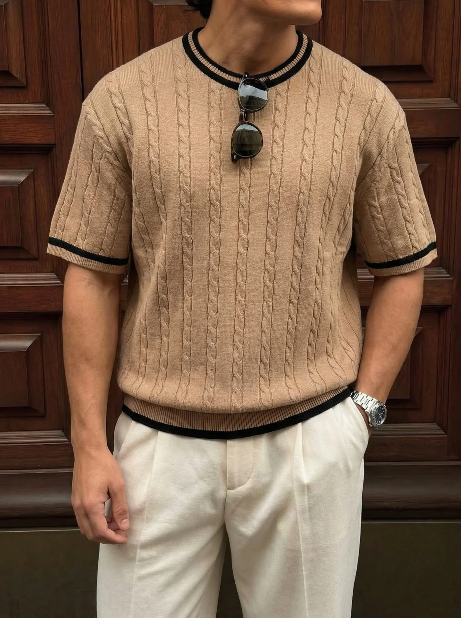 Regular Fit Braid Knit T-shirt - Beige - Image 2