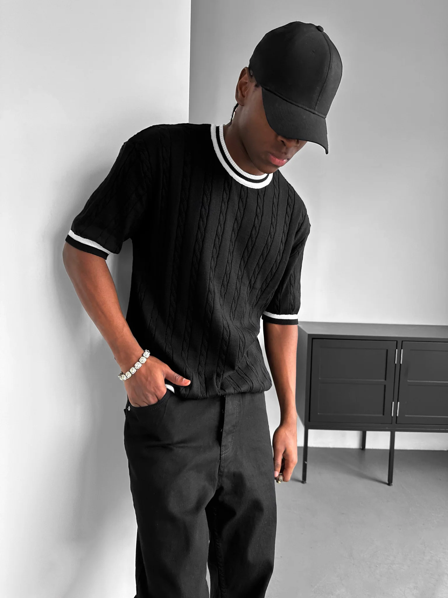 Regular Fit Braid Knit T-shirt - Black - Image 2
