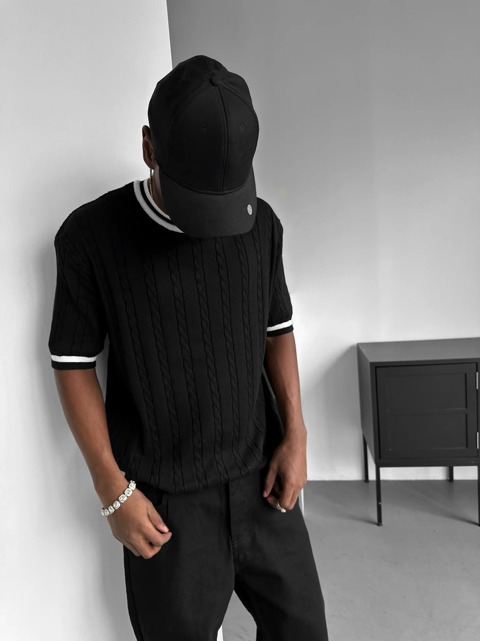 Regular Fit Braid Knit T-shirt - Black - Image 3