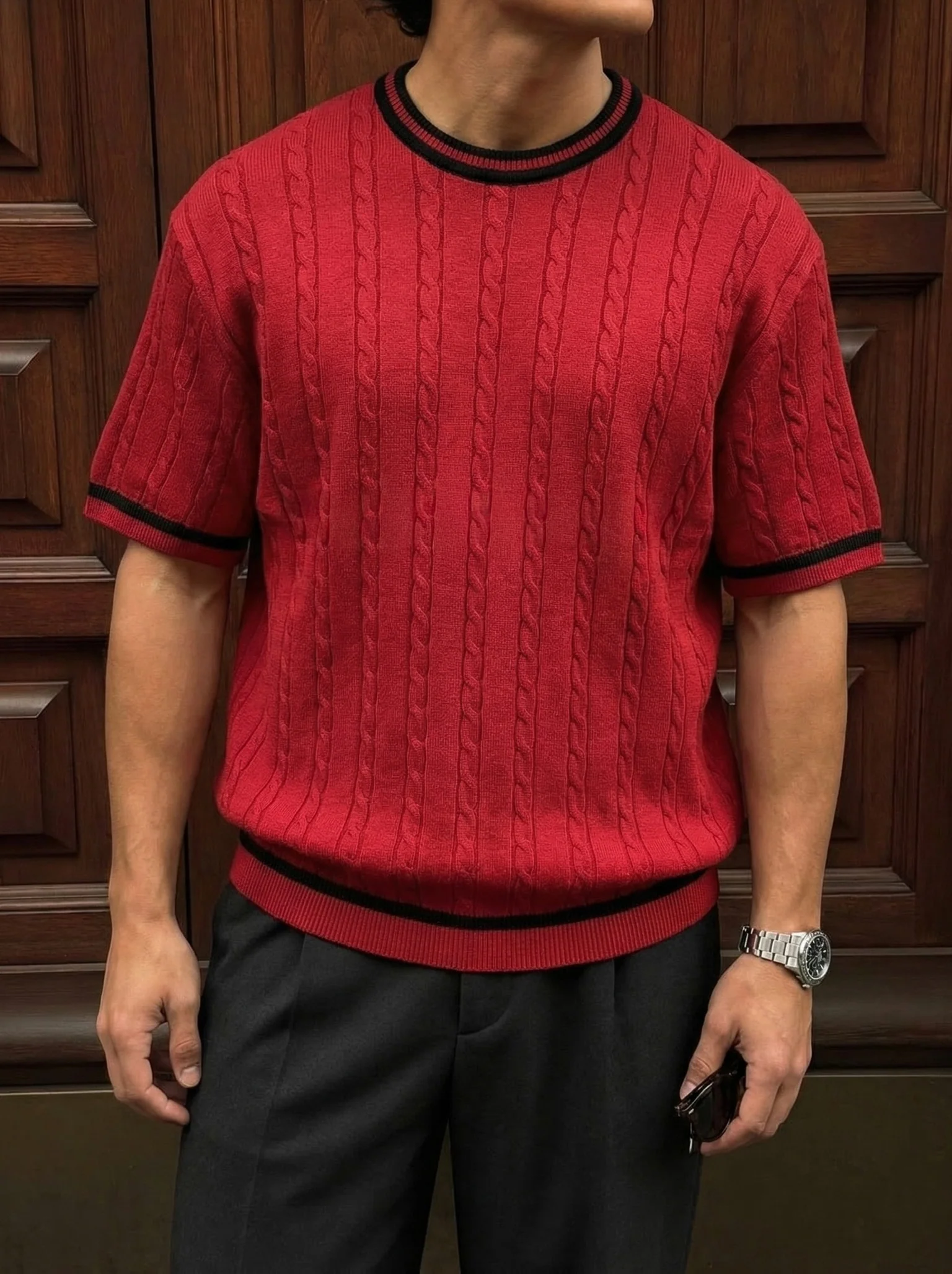 Regular Fit Braid Knit T-shirt - Bordeaux - Image 2