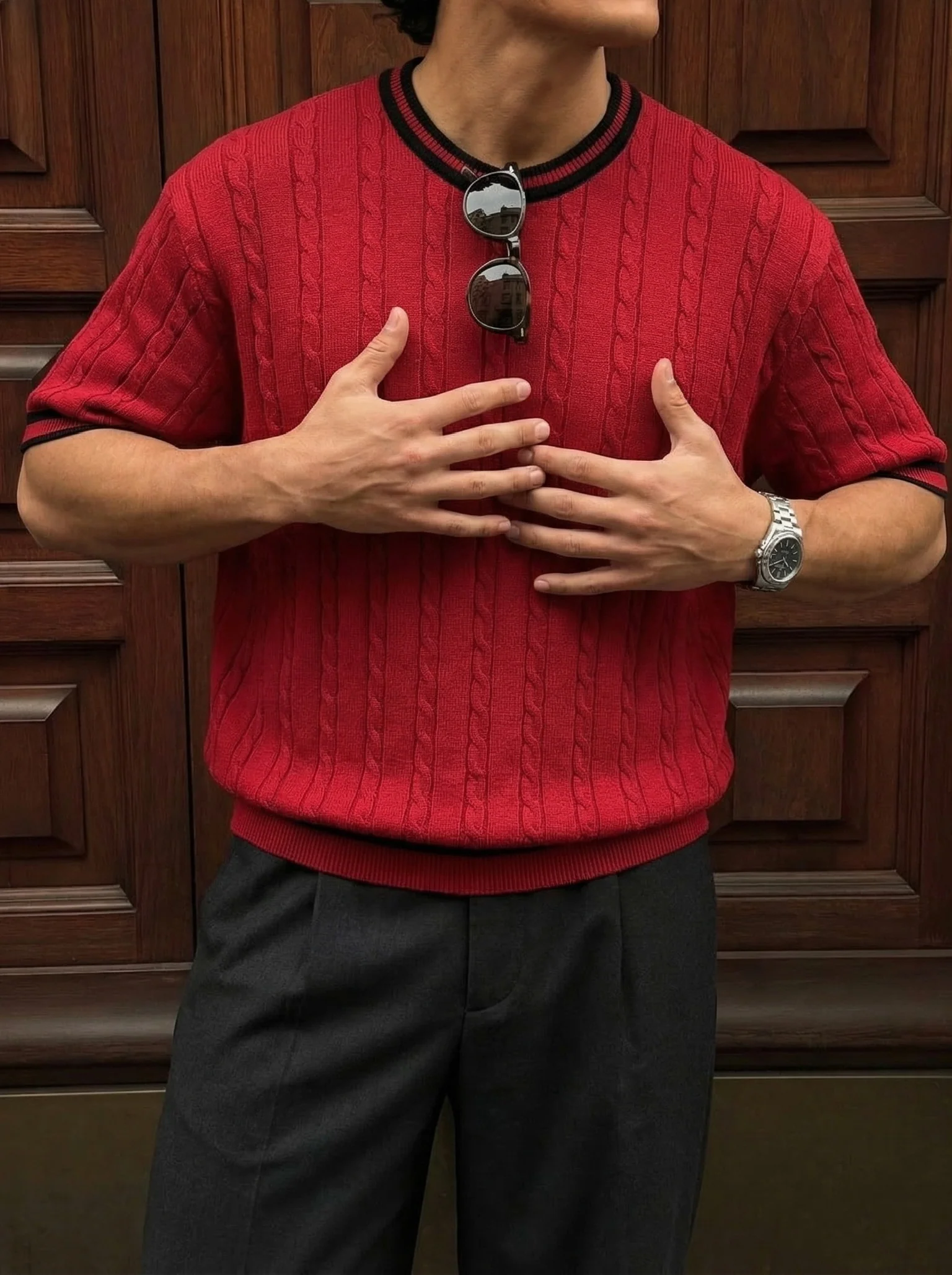 Regular Fit Braid Knit T-shirt - Bordeaux - Image 3