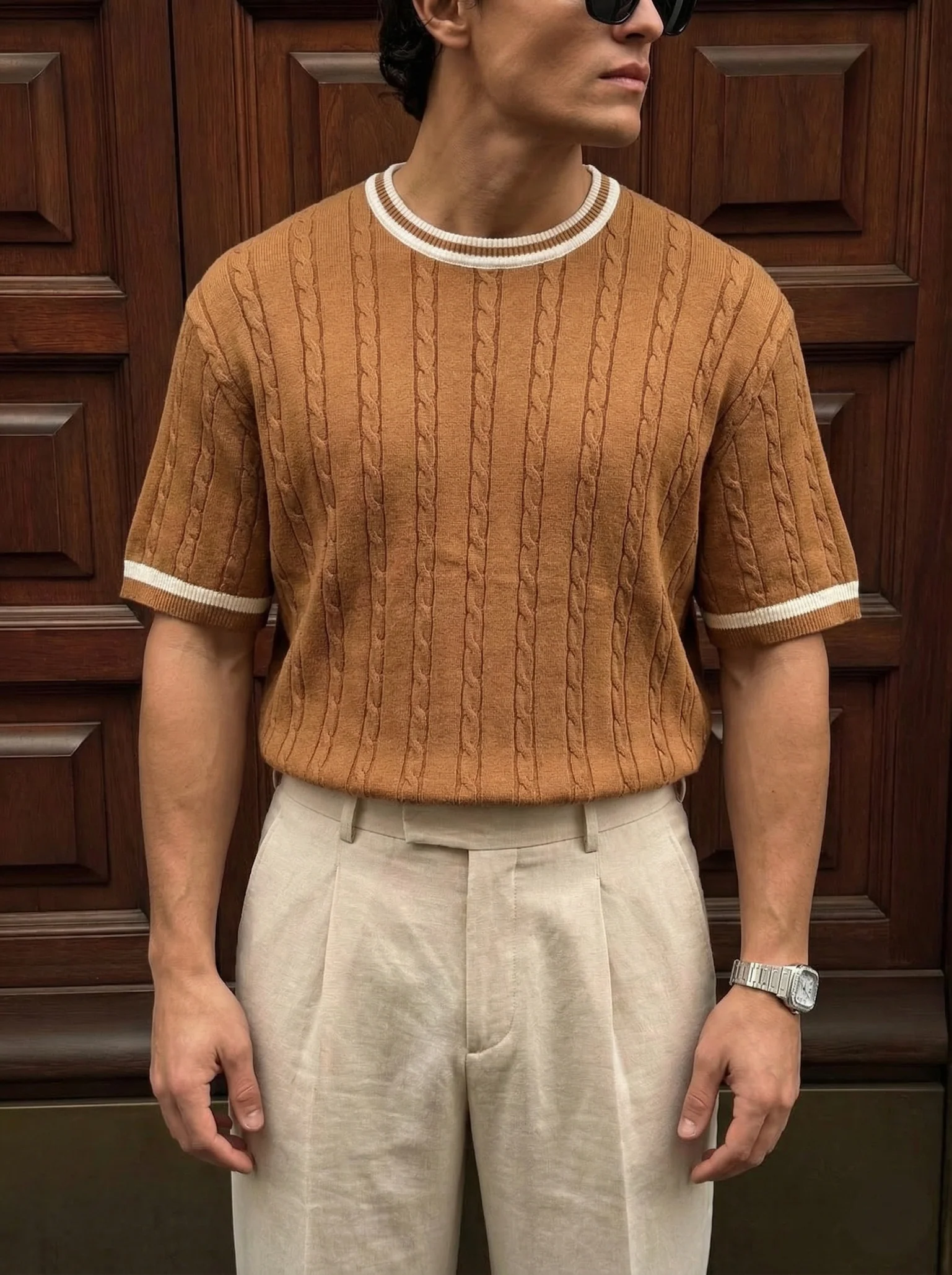Regular Fit Braid Knit T-shirt - Camel - Image 2