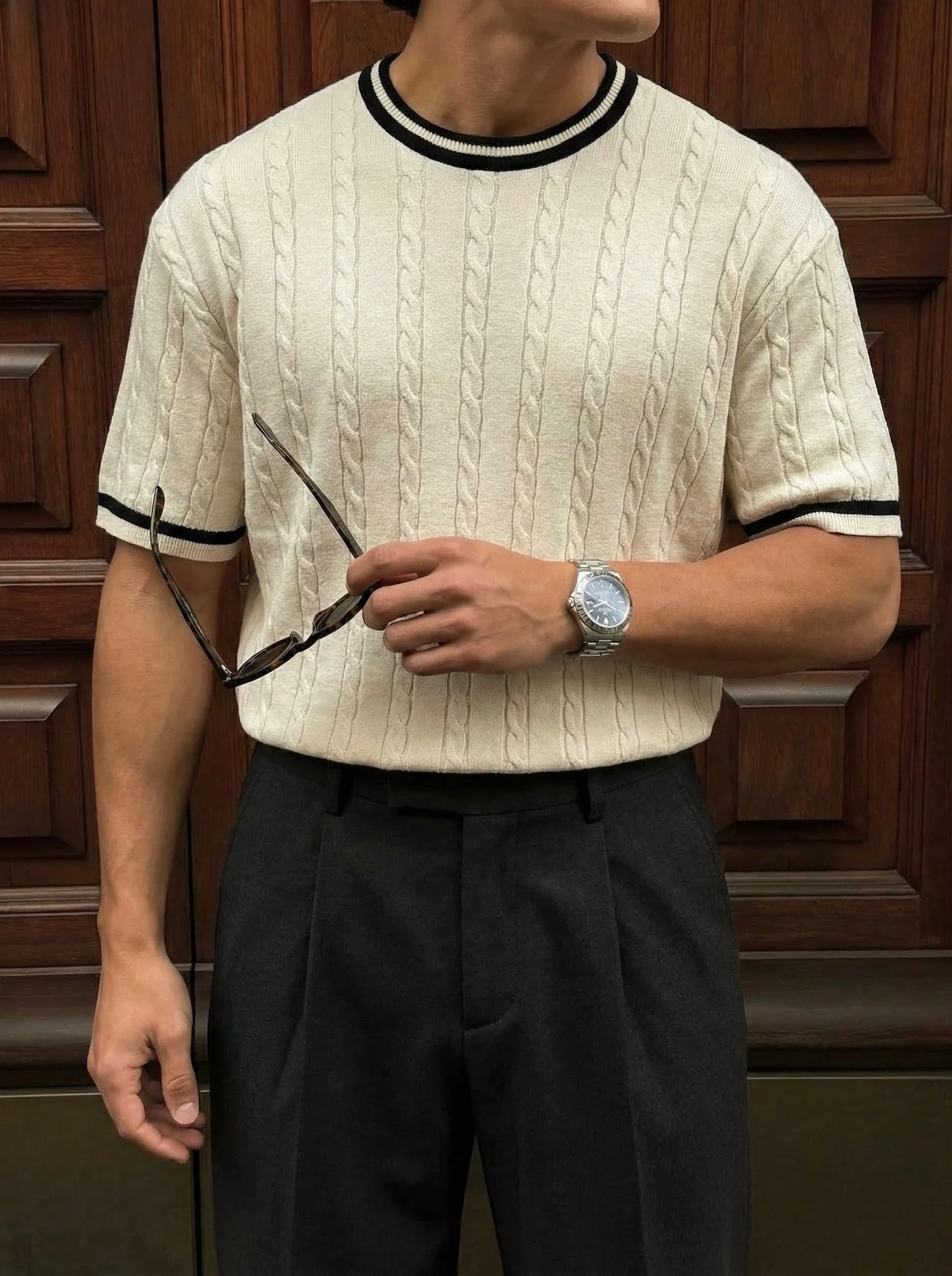 Regular Fit Braid Knit T-shirt - Cream - Image 2