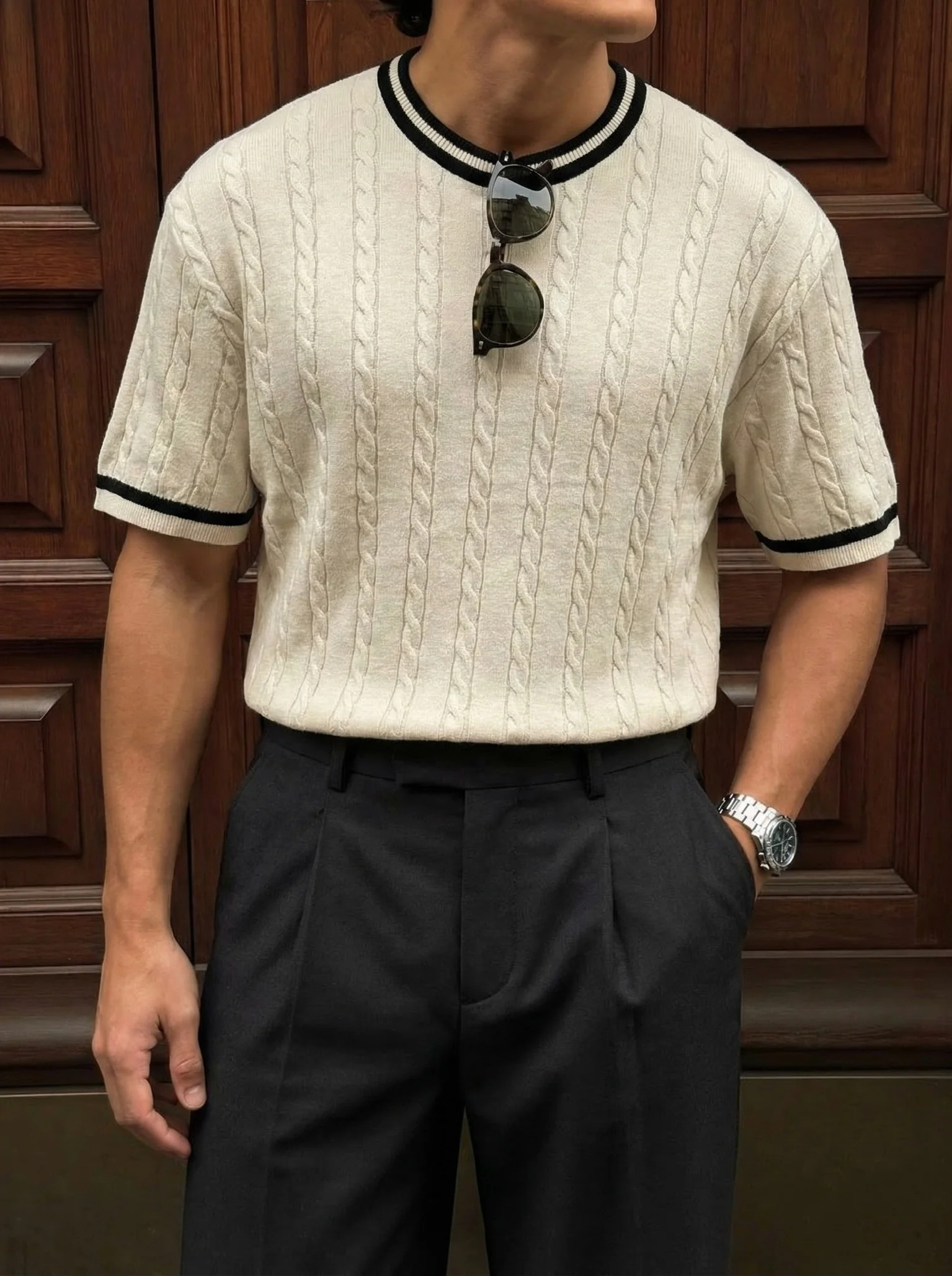 Regular Fit Braid Knit T-shirt - Cream - Image 3