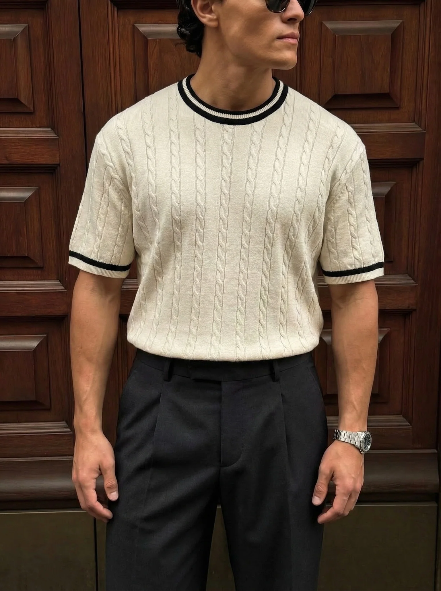 Regular Fit Braid Knit T-shirt - Cream - Image 5