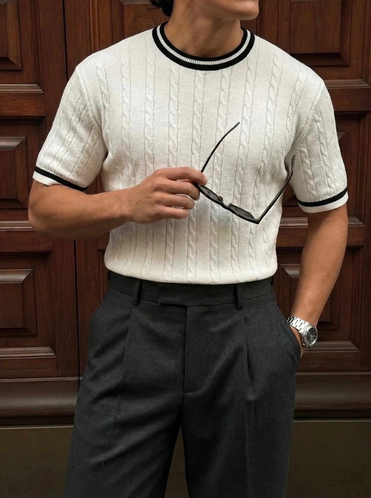 Regular Fit Braid Knit T-shirt - Ecru - Image 2