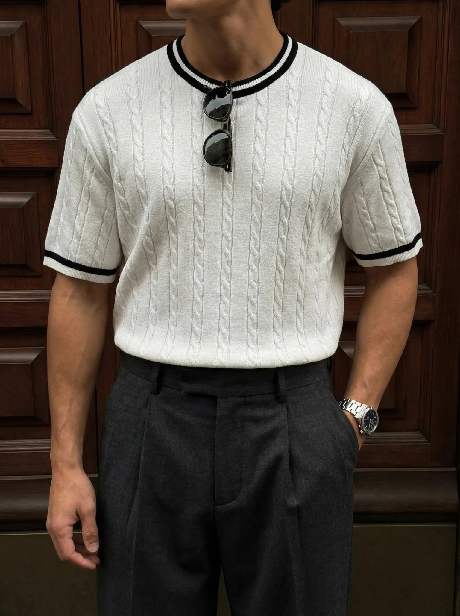 Regular Fit Braid Knit T-shirt - Ecru - Image 3