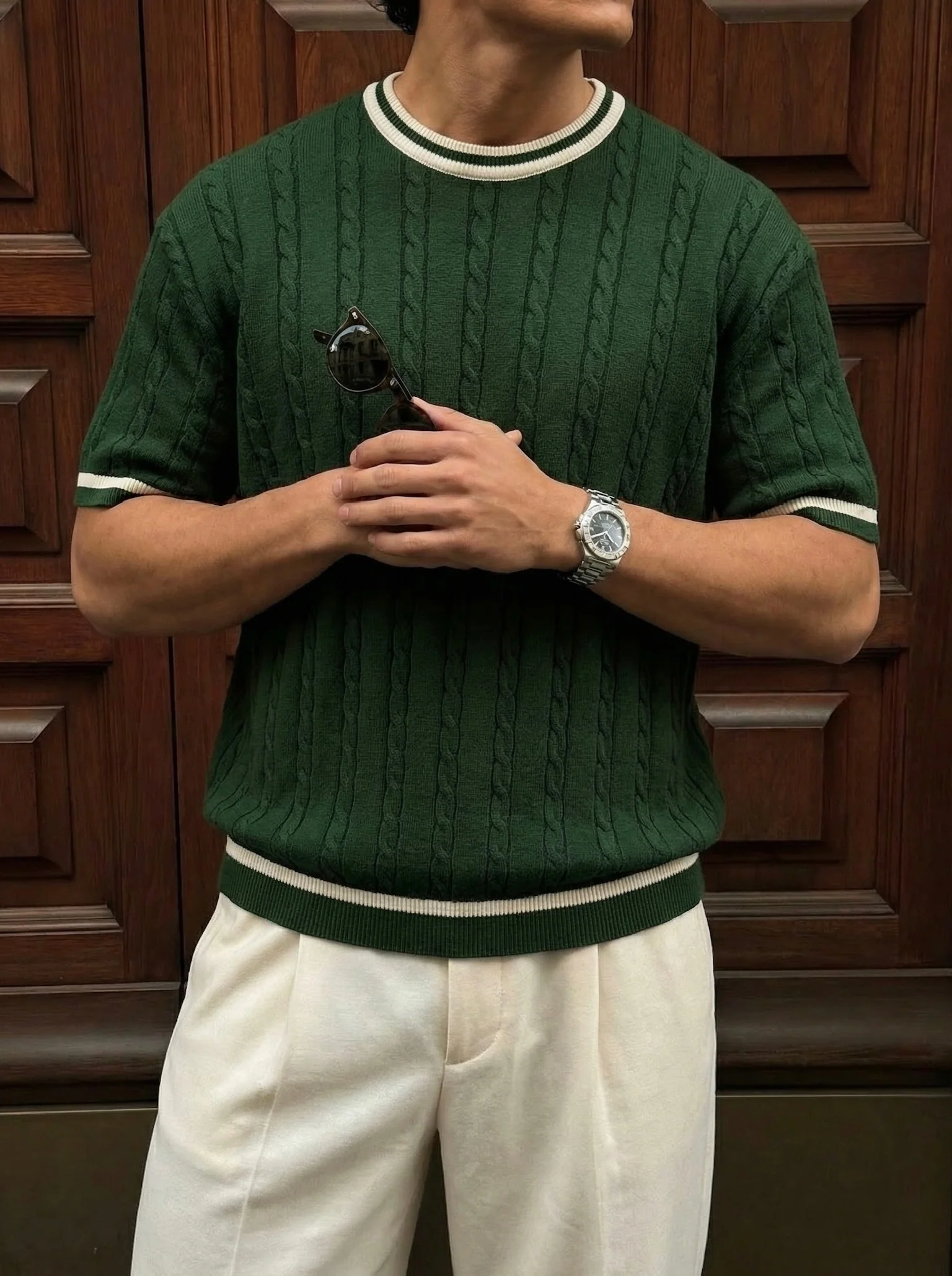 Regular Fit Braid Knit T-shirt - Green - Image 2