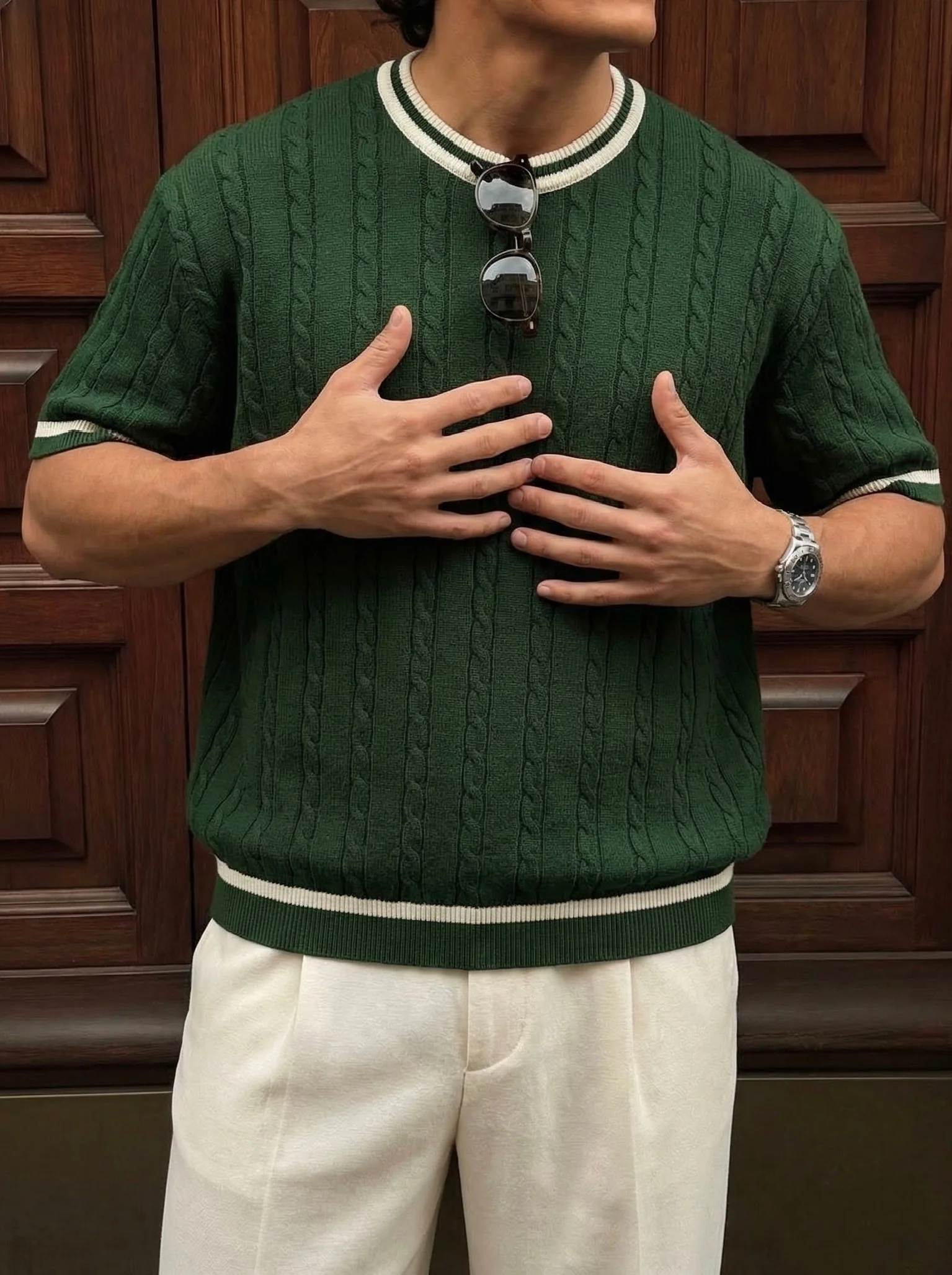 Regular Fit Braid Knit T-shirt - Green - Image 3
