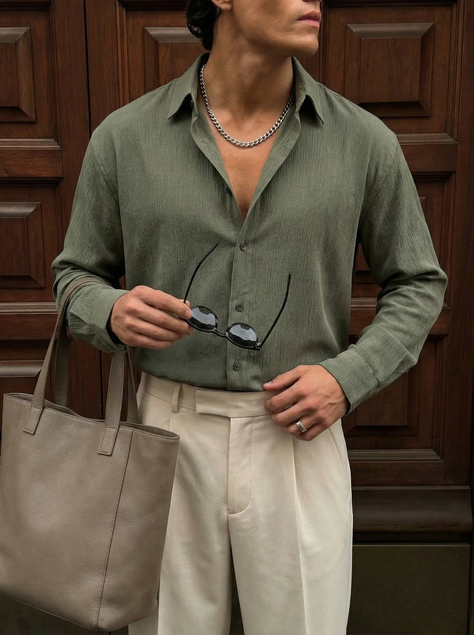 Regular Fit Cotton Shirt - Green - Image 3