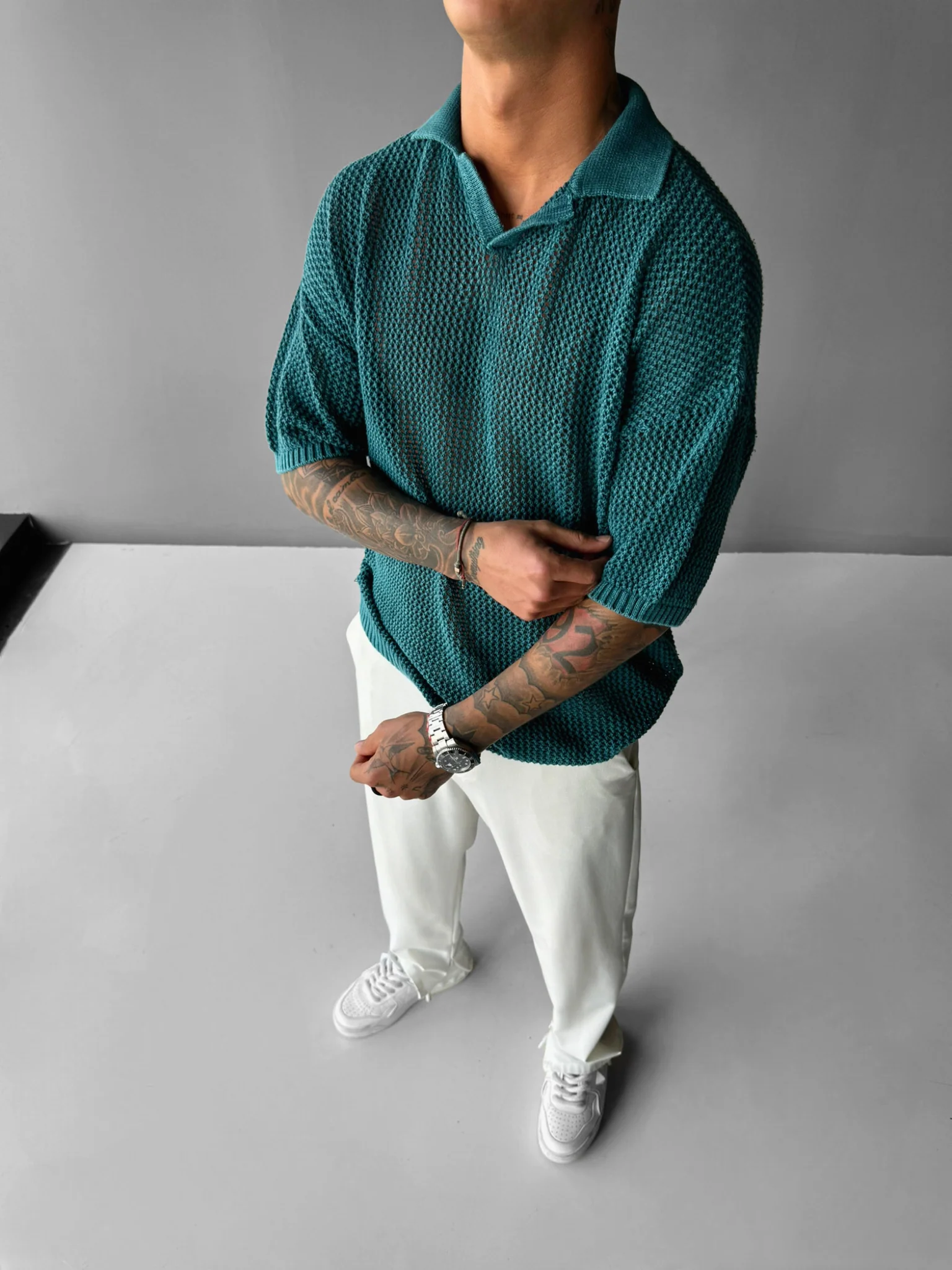 Regular Fit Knit Grid T-shirt - Deep Lagoon - Image 3