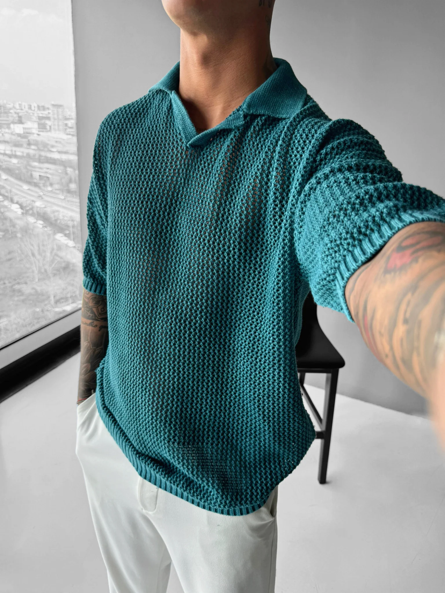 Regular Fit Knit Grid T-shirt - Deep Lagoon - Image 4