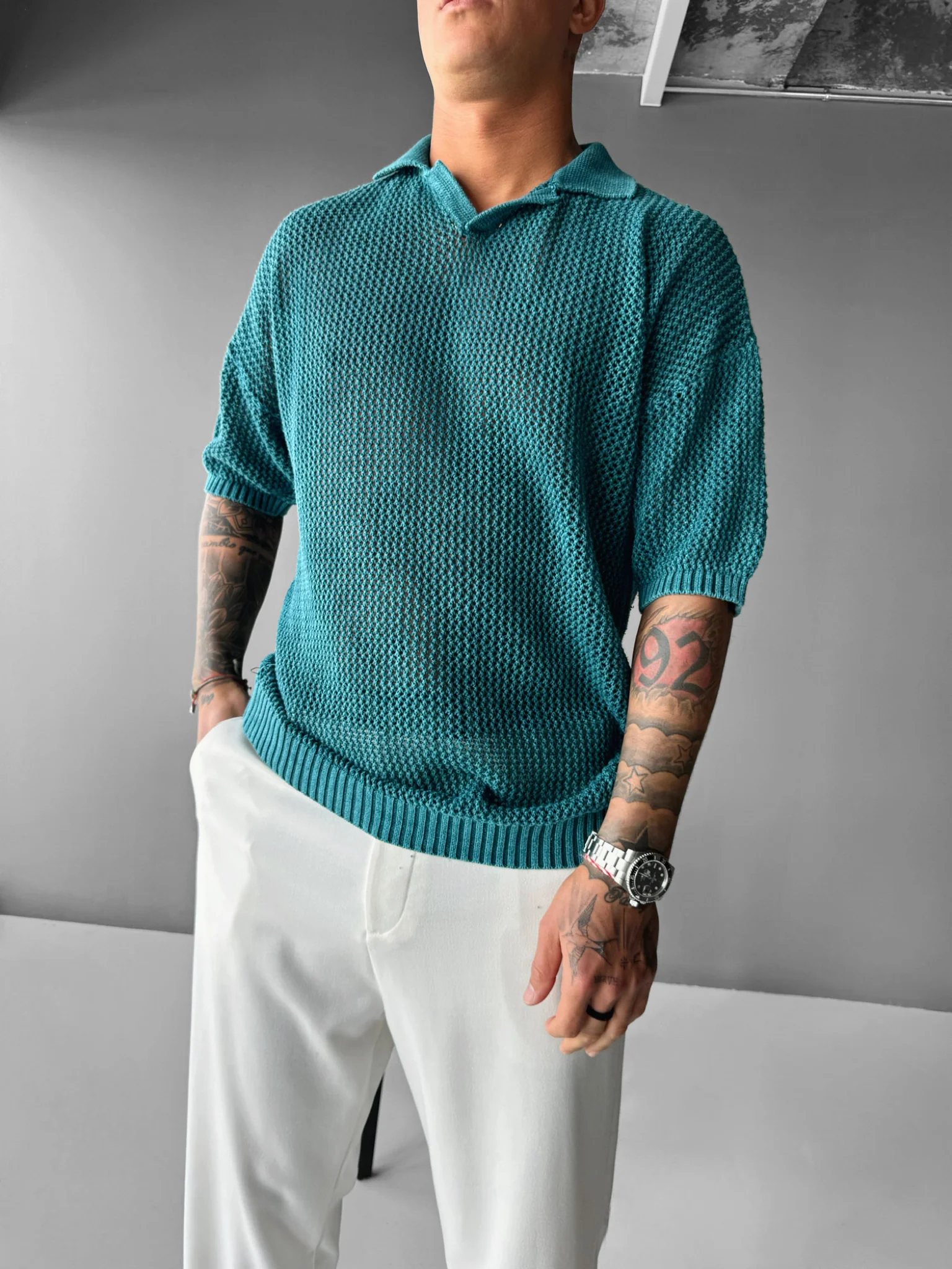 Regular Fit Knit Grid T-shirt - Deep Lagoon - Image 5