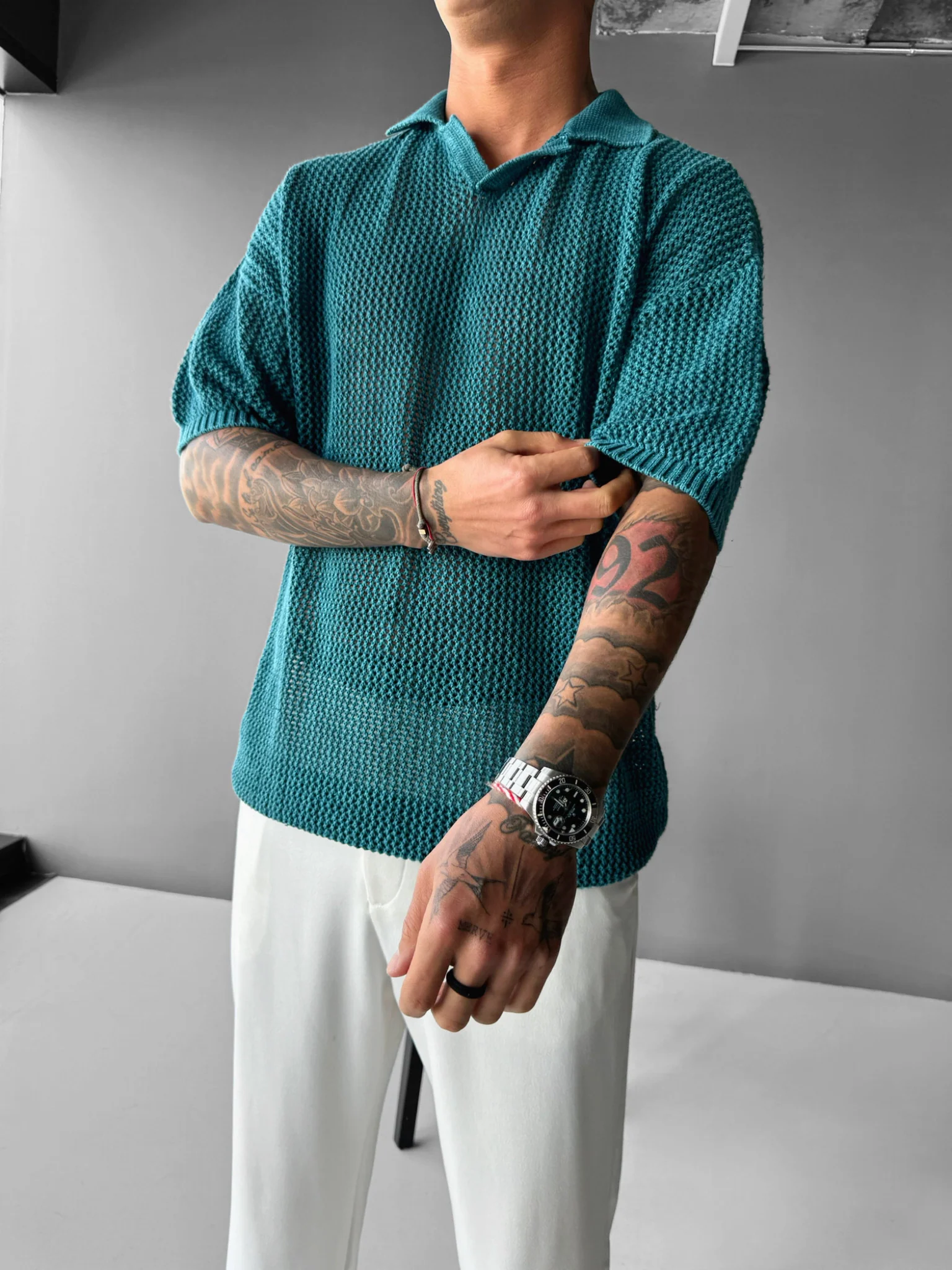 Regular Fit Knit Grid T-shirt - Deep Lagoon - Image 6