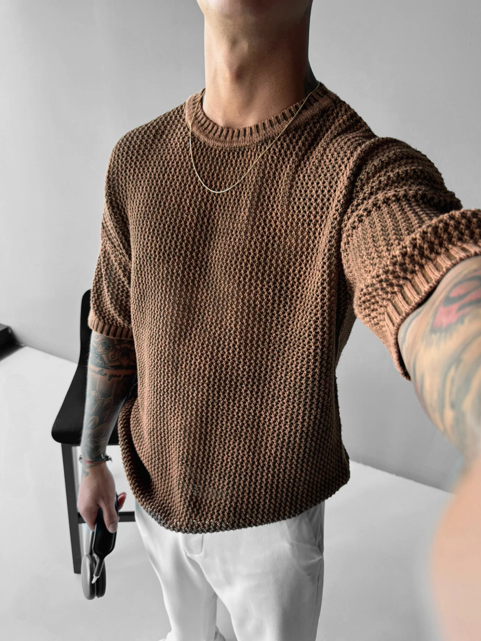 Regular Fit Knit Grid T-shirt - Ochre - Image 3