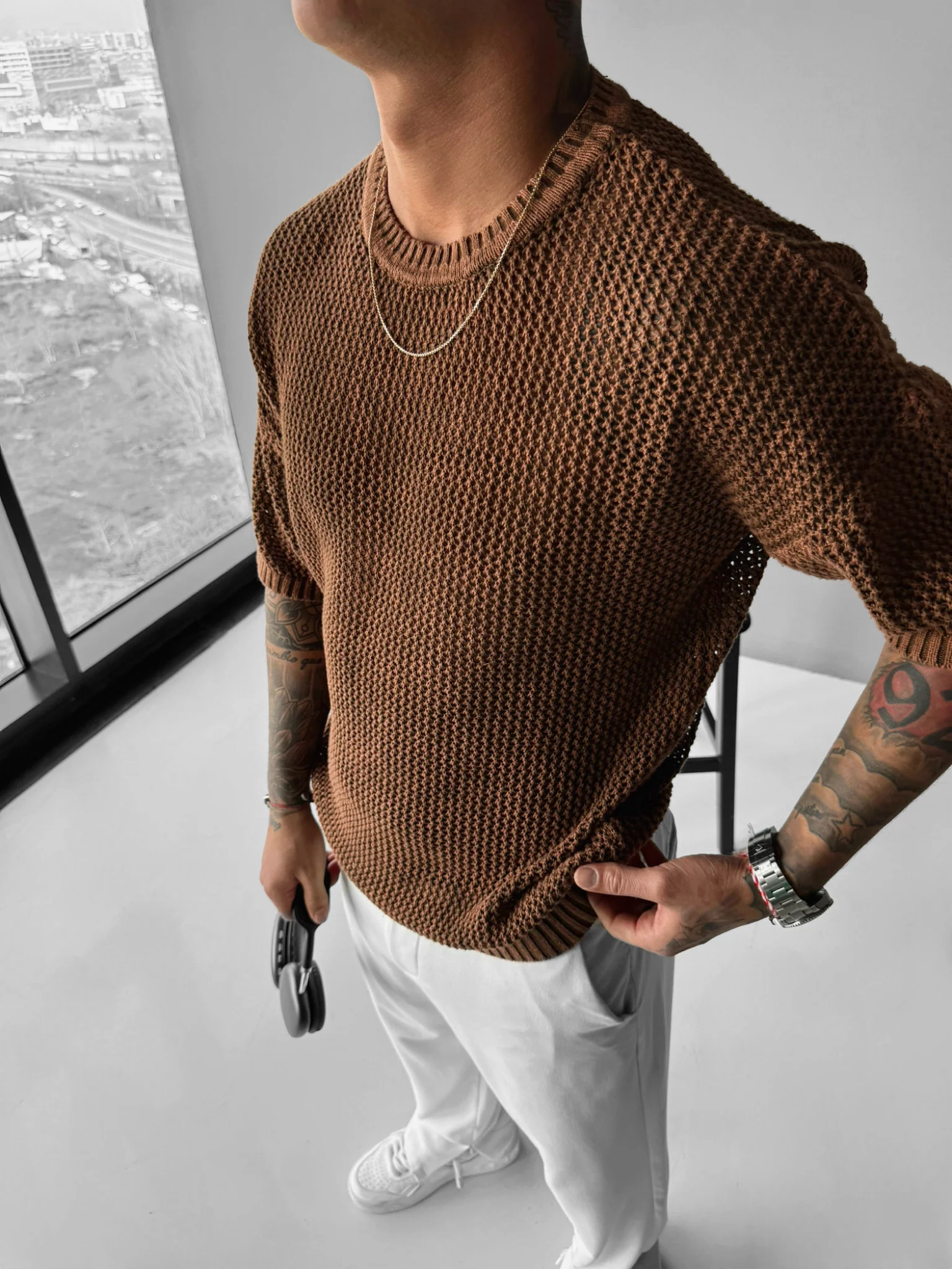 Regular Fit Knit Grid T-shirt - Ochre - Image 4