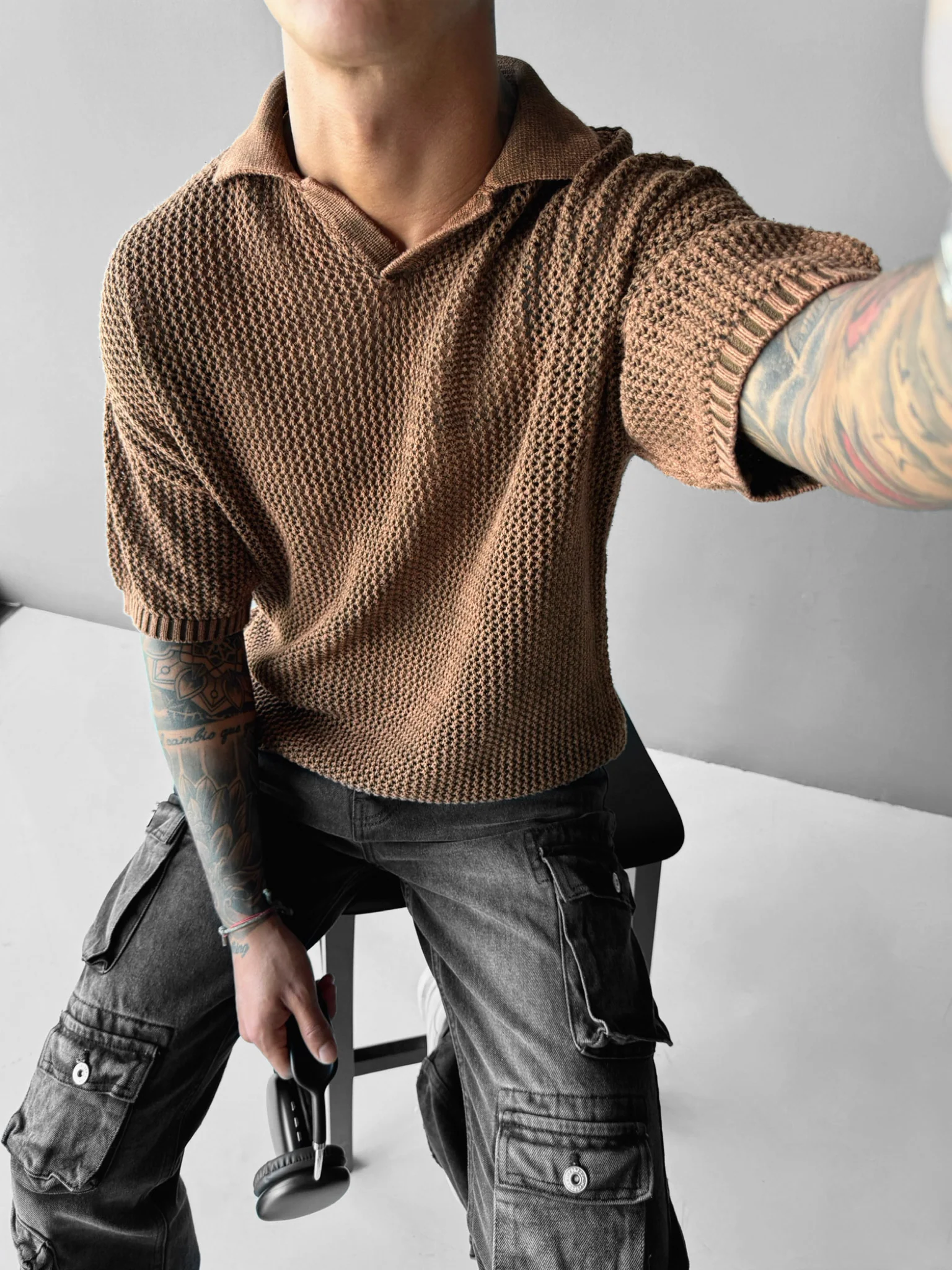 Regular Fit Knit Grid T-shirt - Ochre - Image 2