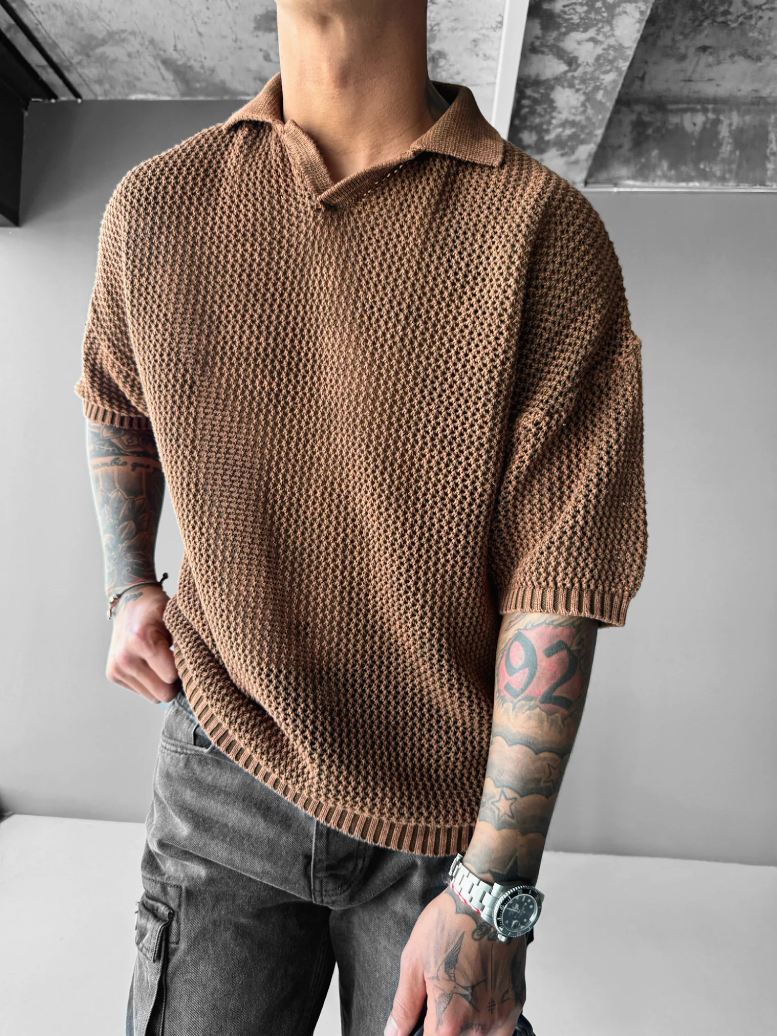 Regular Fit Knit Grid T-shirt - Ochre - Image 4