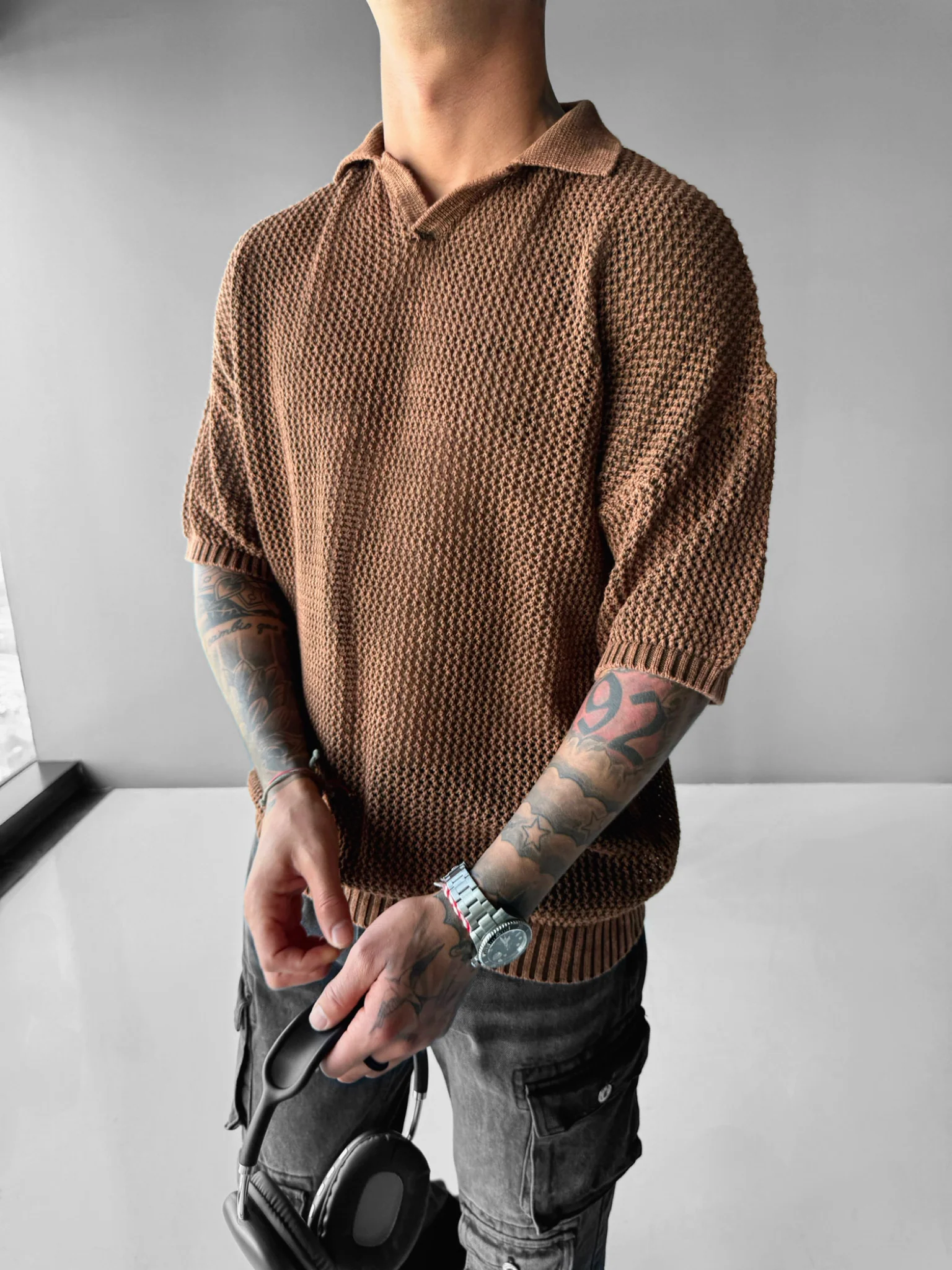 Regular Fit Knit Grid T-shirt - Ochre - Image 5