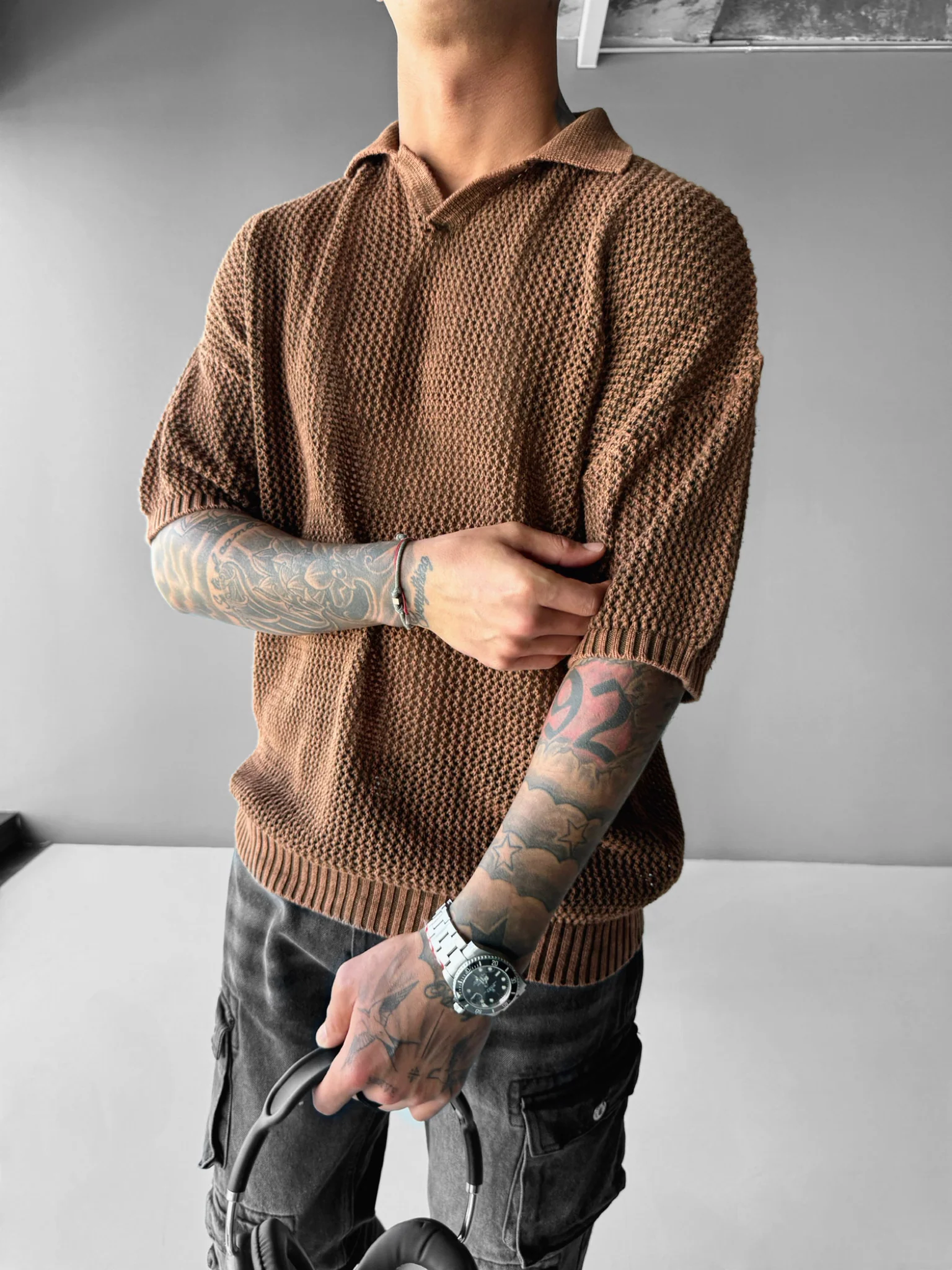Regular Fit Knit Grid T-shirt - Ochre - Image 6