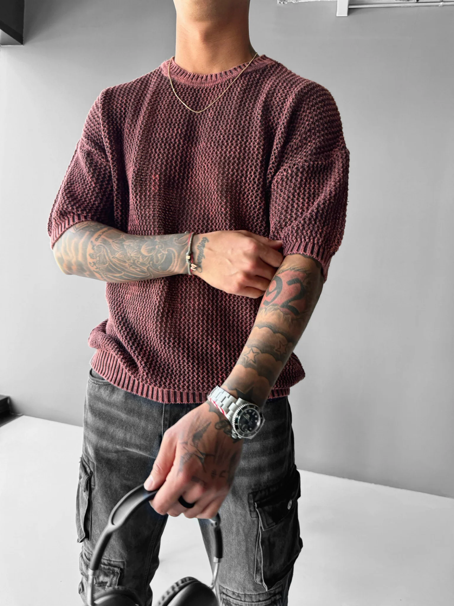 Regular Fit Knit Grid T-shirt - Plum Perfect - Image 4