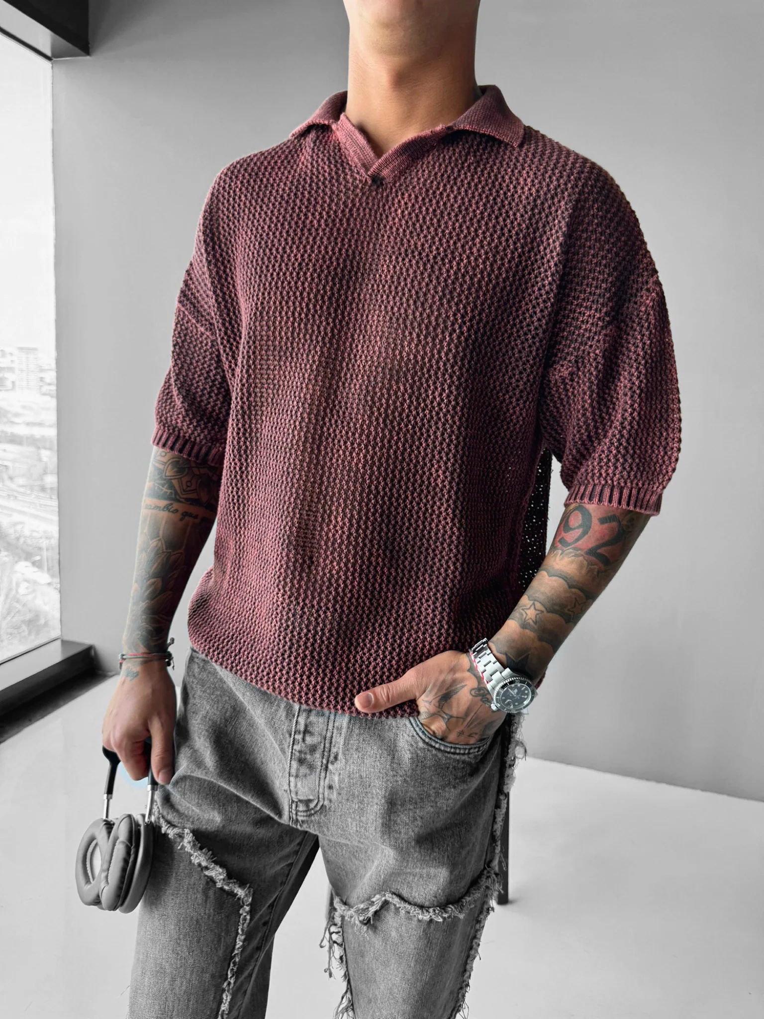 Regular Fit Knit Grid T-shirt - Plum Perfect