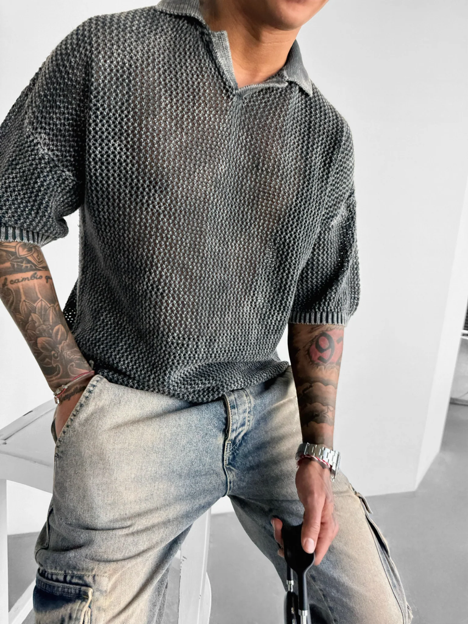 Regular Fit Knit Grid T-shirt - Stormy Weather - Image 2