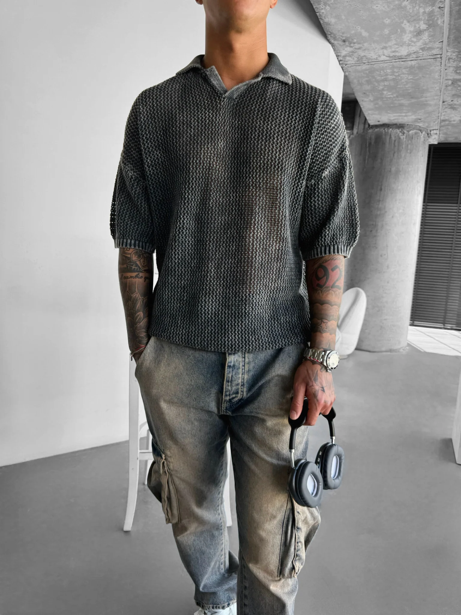Regular Fit Knit Grid T-shirt - Stormy Weather - Image 3