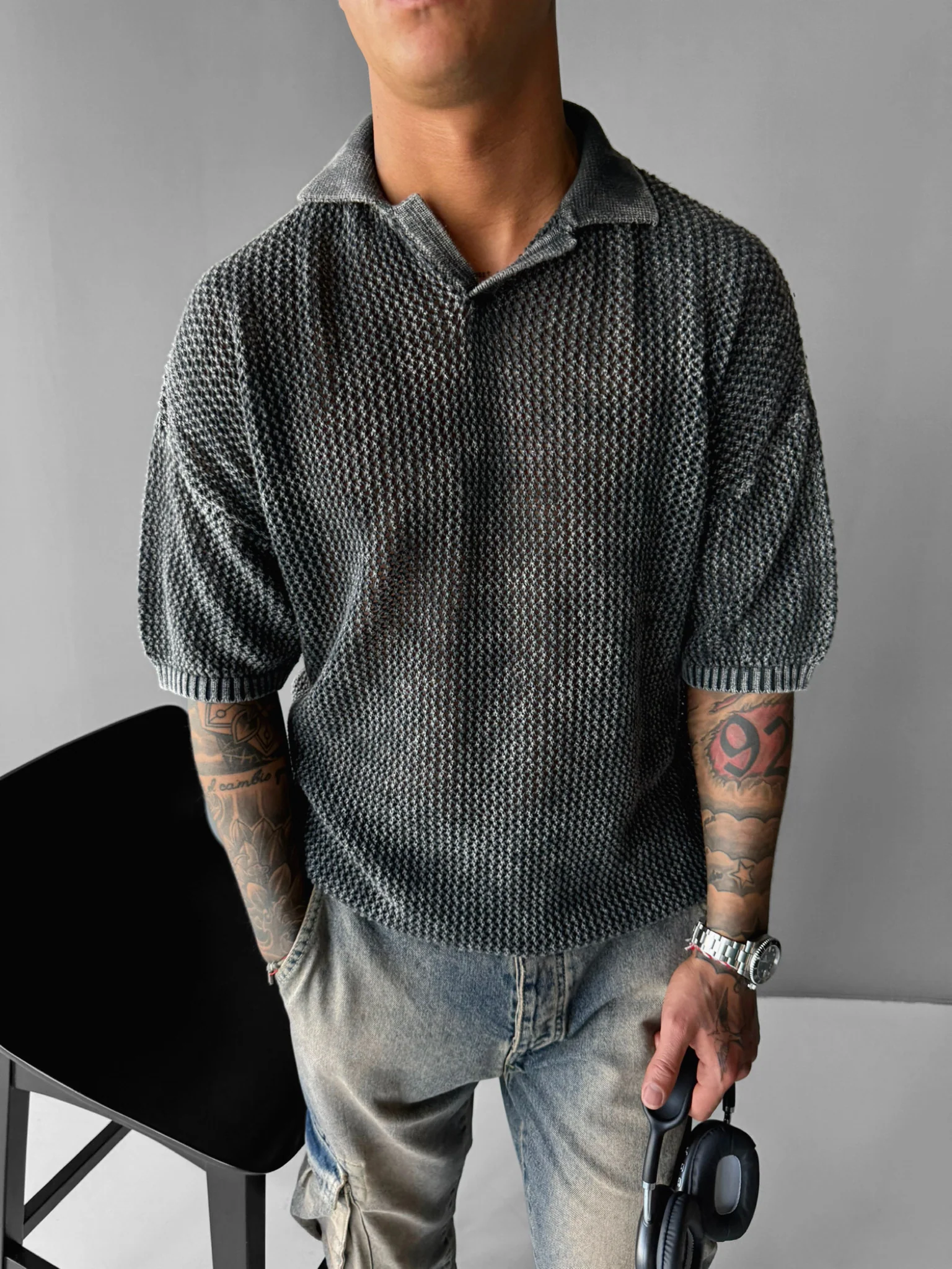 Regular Fit Knit Grid T-shirt - Stormy Weather - Image 5