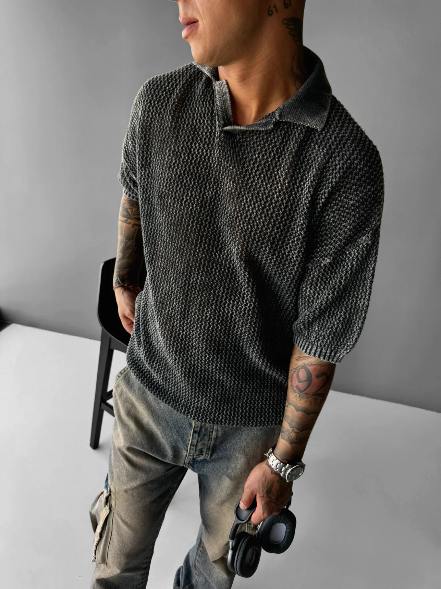 Regular Fit Knit Grid T-shirt - Stormy Weather - Image 6
