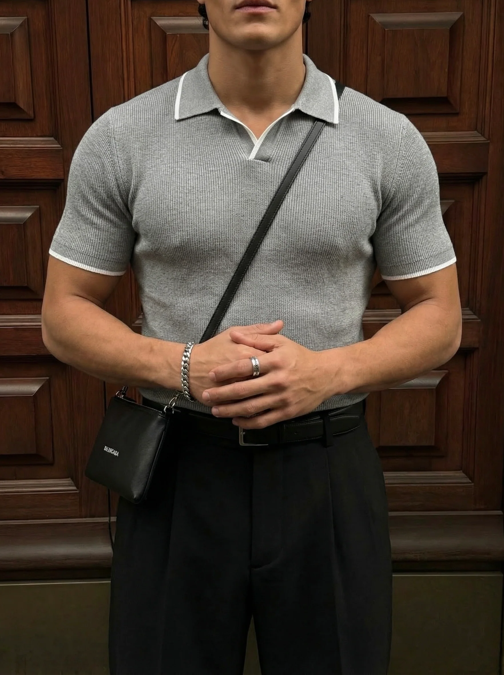 Regular Fit Knit Line Polo T-Shirt - Grey