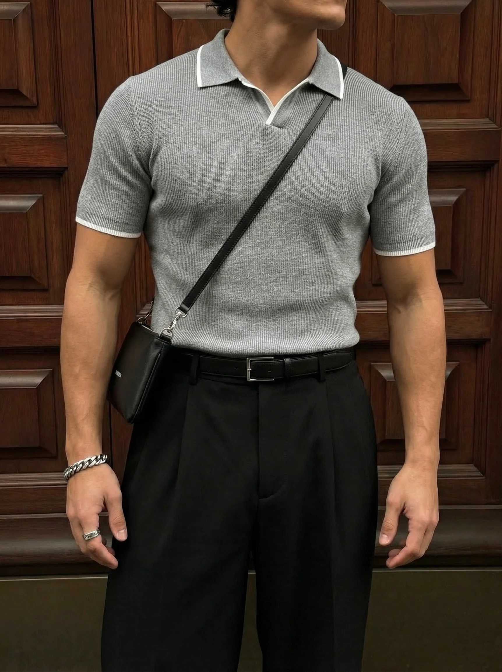 Regular Fit Knit Line Polo T-Shirt - Grey - Image 2