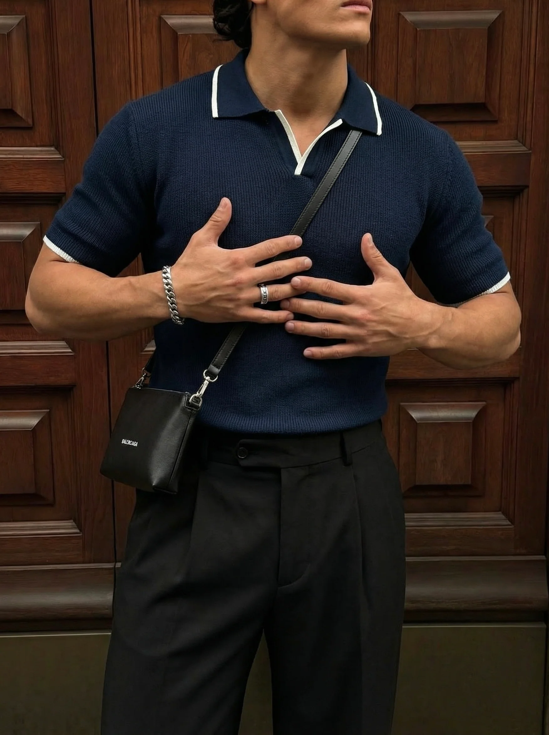 Regular Fit Knit Line Polo T-Shirt - Navy Blue