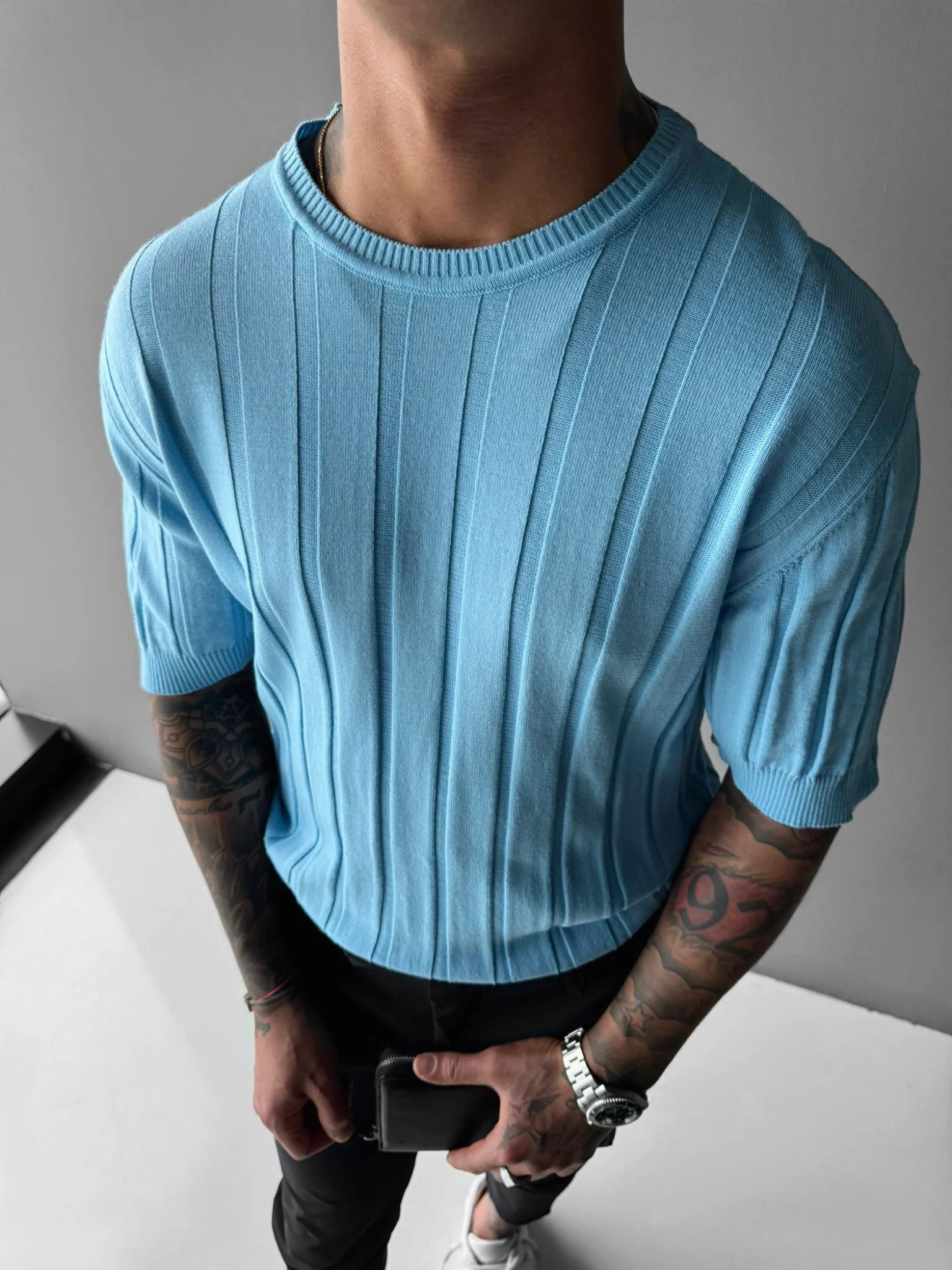 Regular Fit Knit Lines T-shirt - Babyblue - Image 2